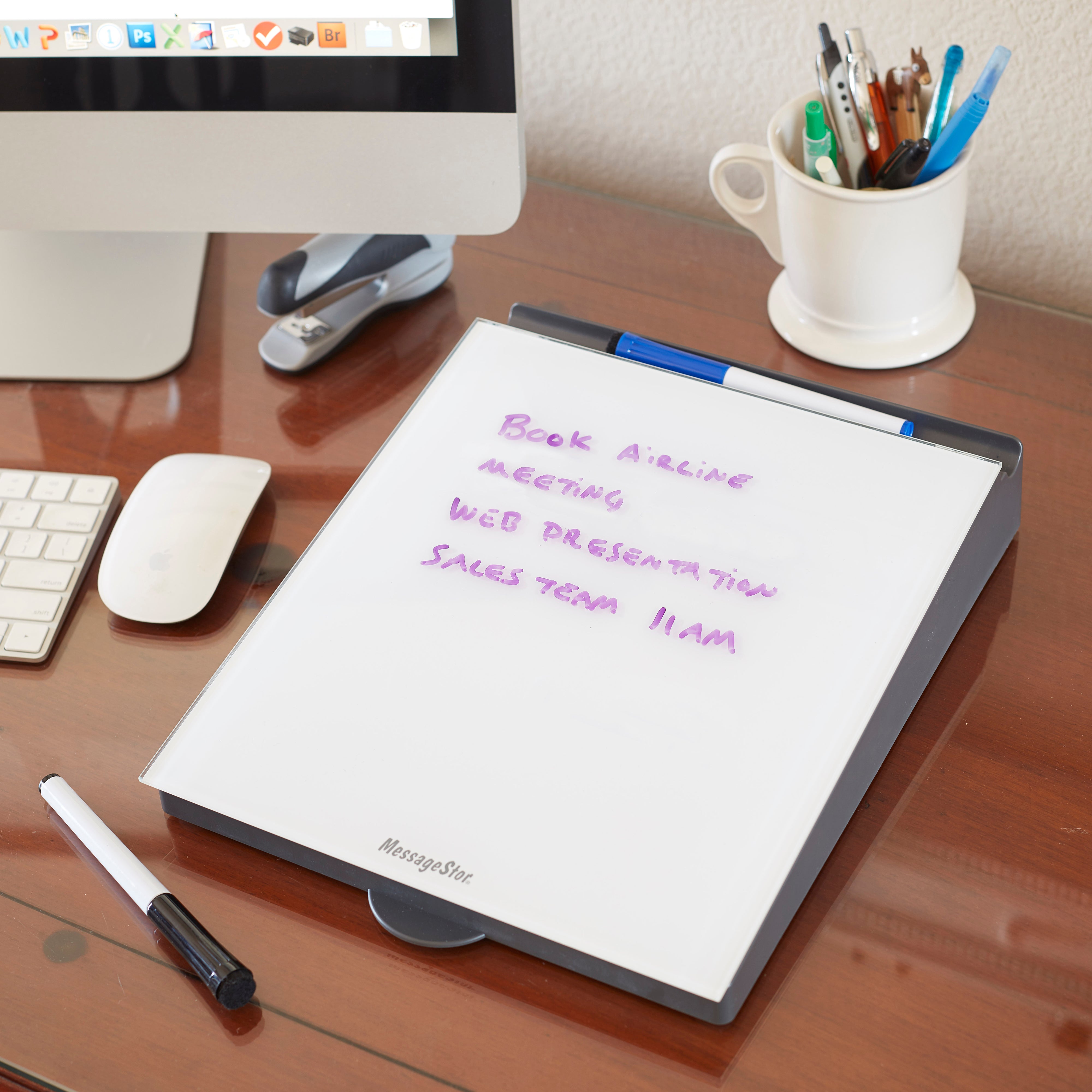 MessageStor Dry-Erase Glass Board Memo Station