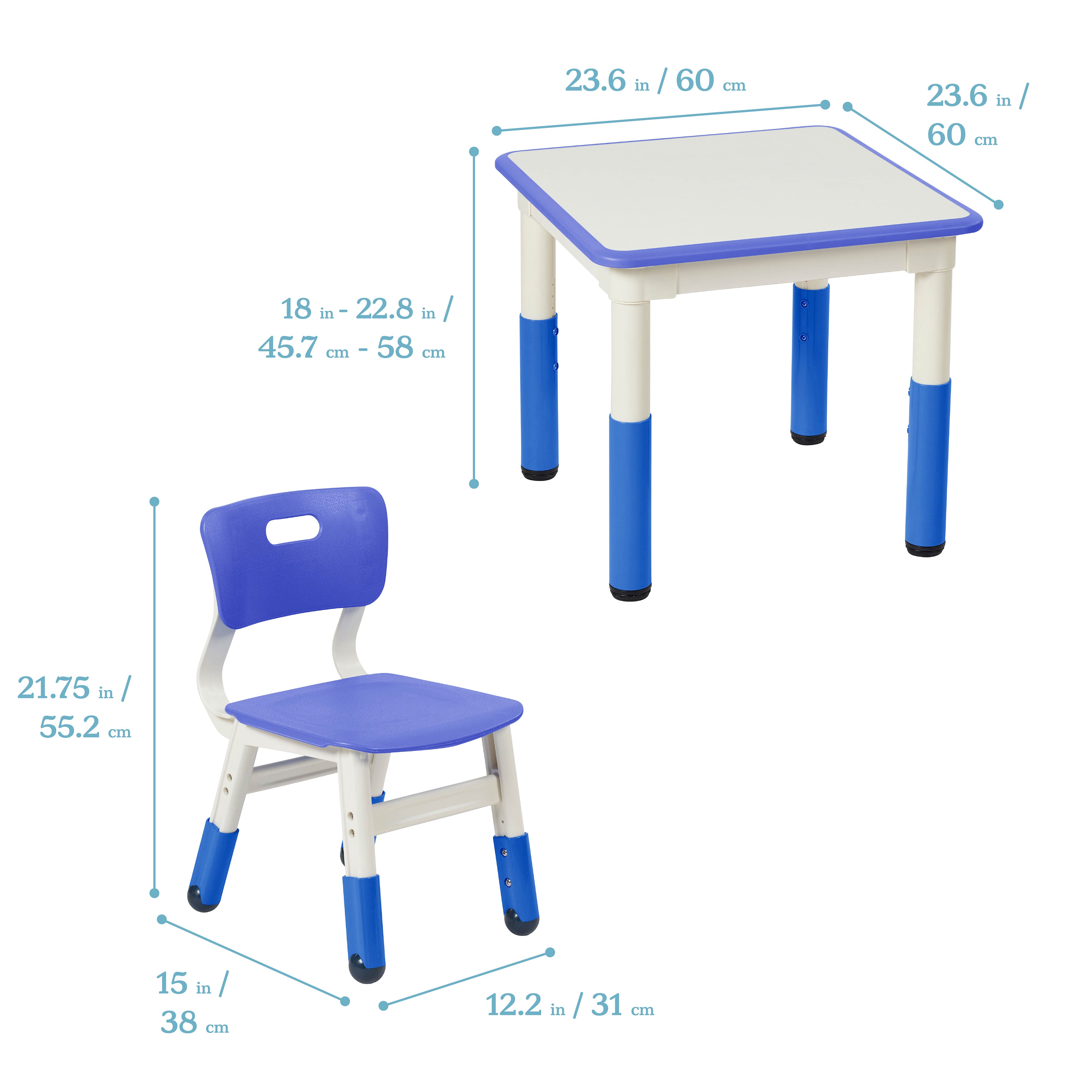 Dry-Erase Square Activity Table with 2 Chairs, Adjustable, 3-Piece