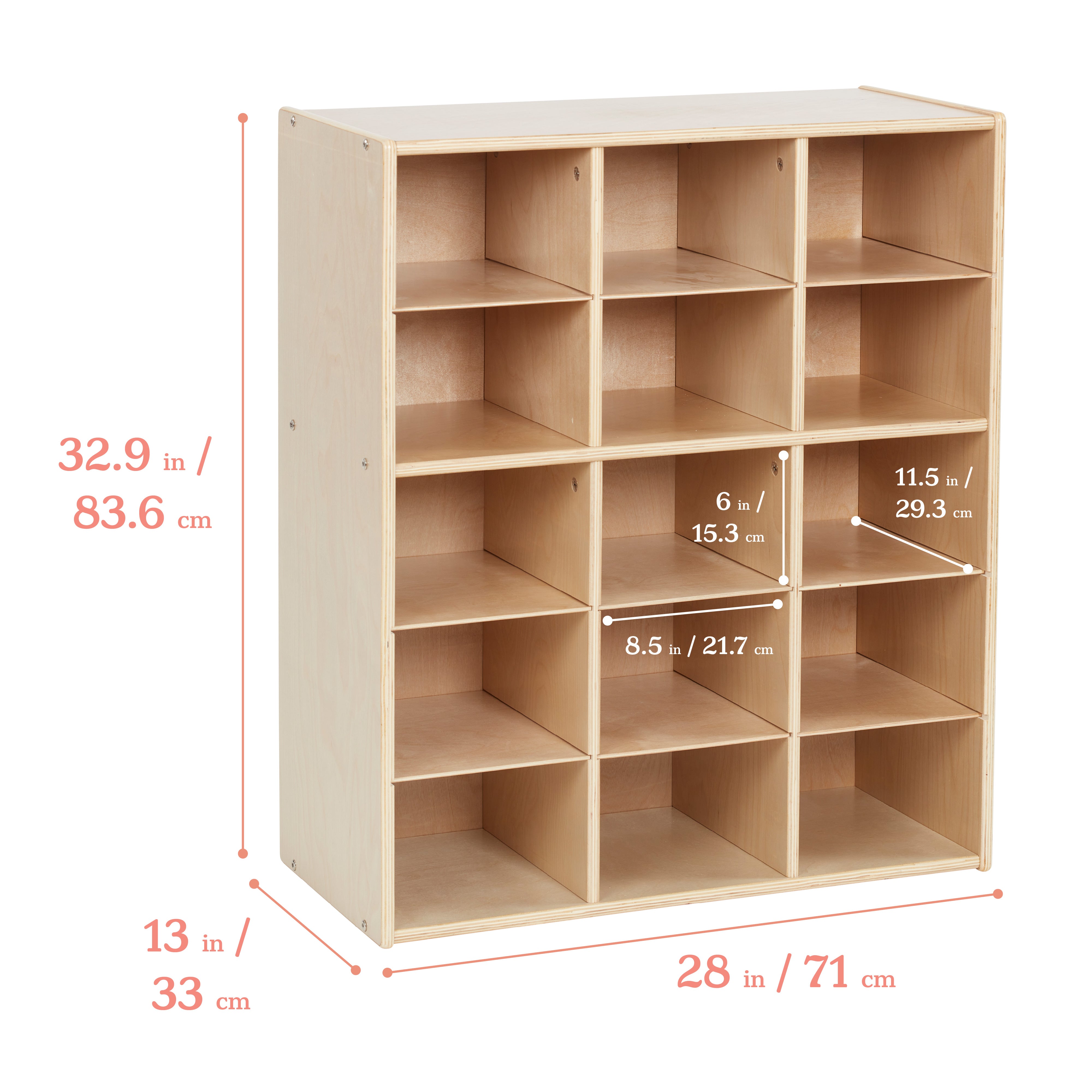 Streamline 15 Cubby Tray Cabinet with 15 Scoop Front Storage Bins, 5x3, Natural