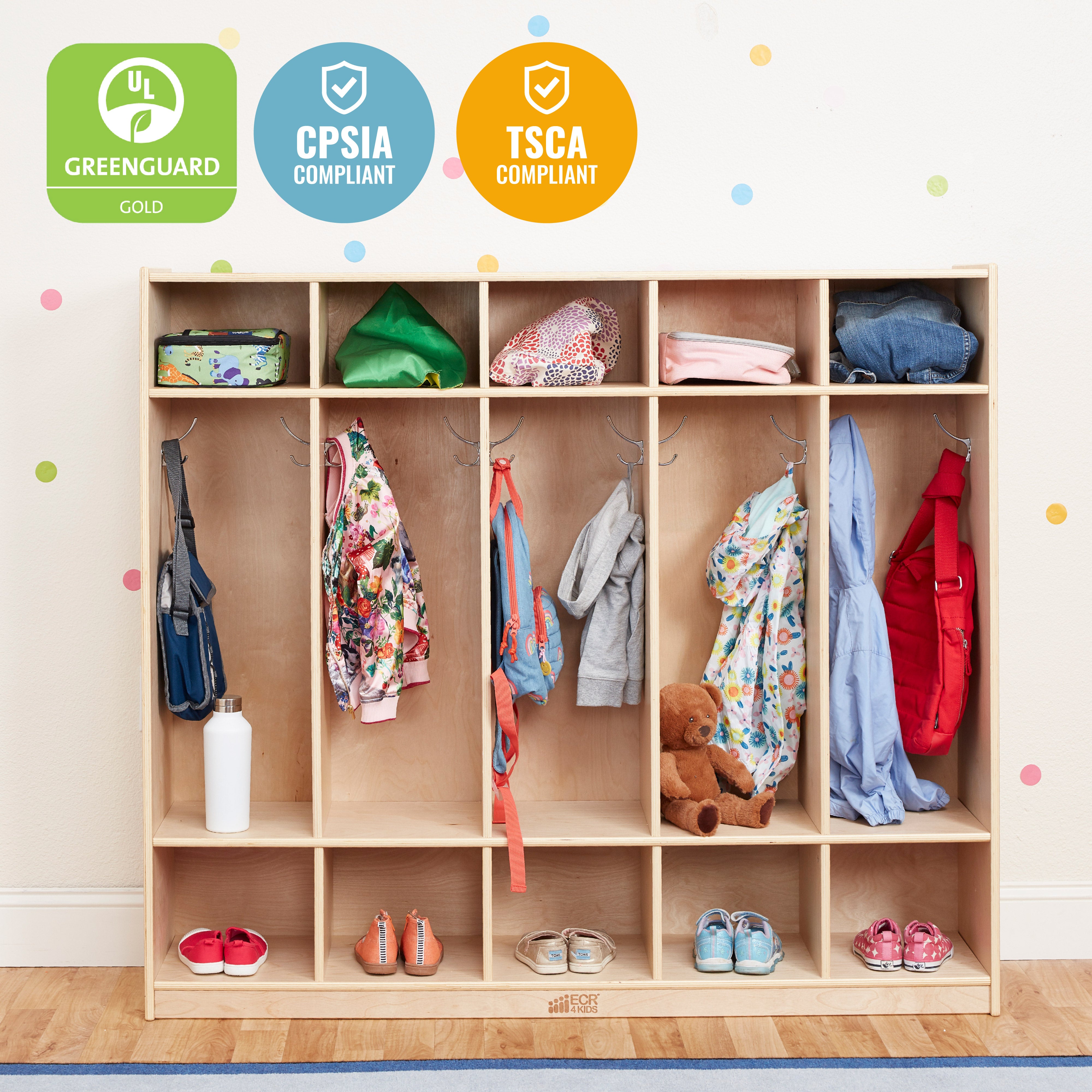 5-Section Coat Locker and Scoop Front Storage Bins, Natural