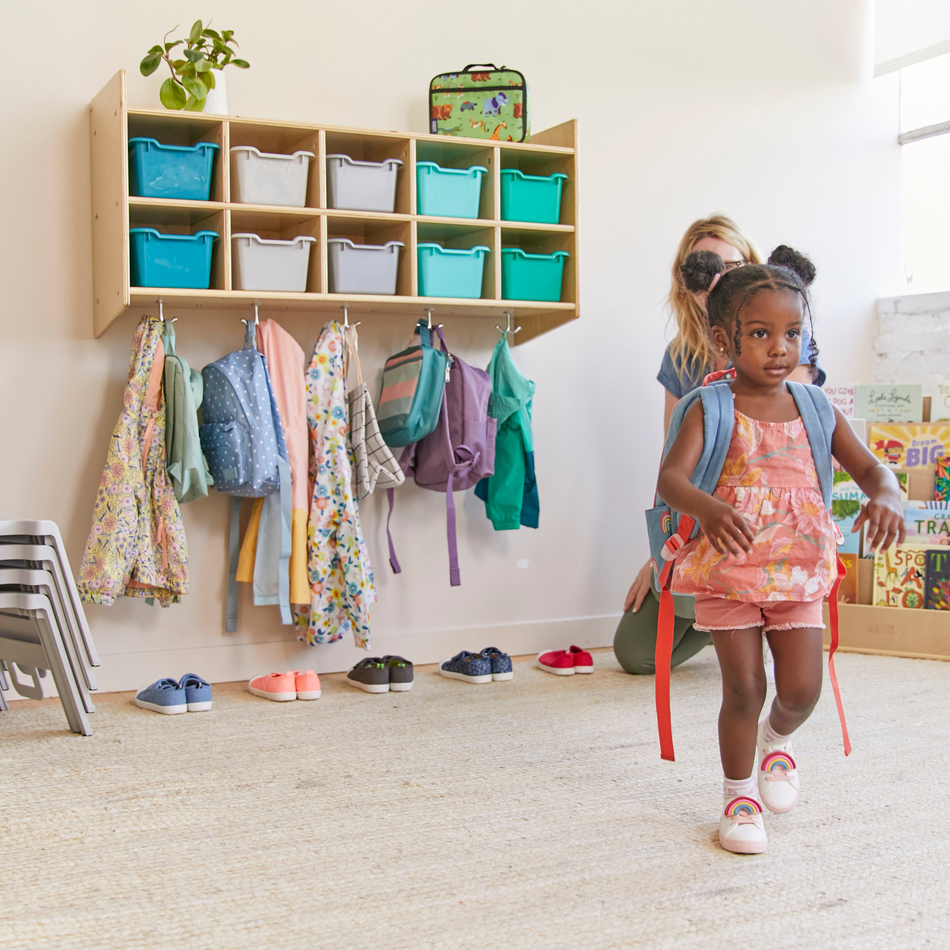 10-Section Hanging Coat Locker with Shelf and Scoop Front Storage Bins, Natural