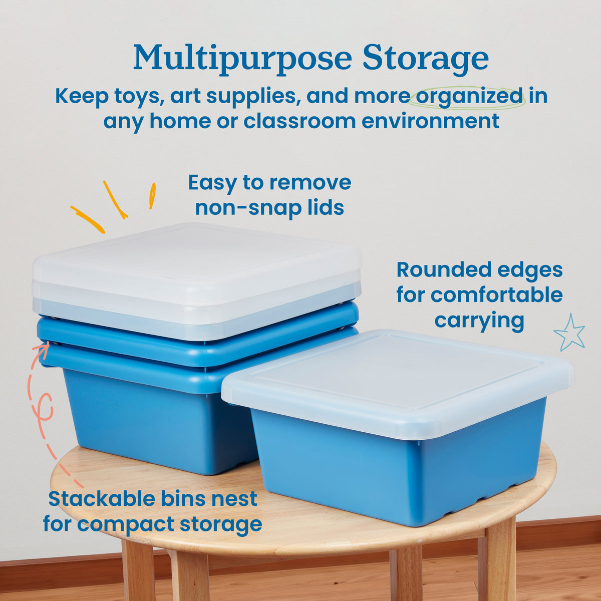 Stackable Square Bins with Non-Snap Lids, 4-Pack