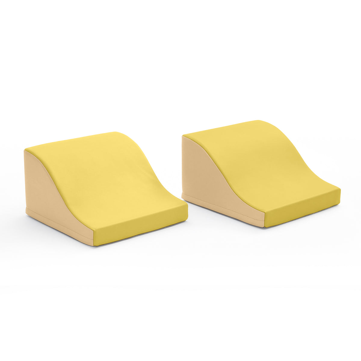 Two curved foam climbing sections with yellow tops and beige sides connected together.