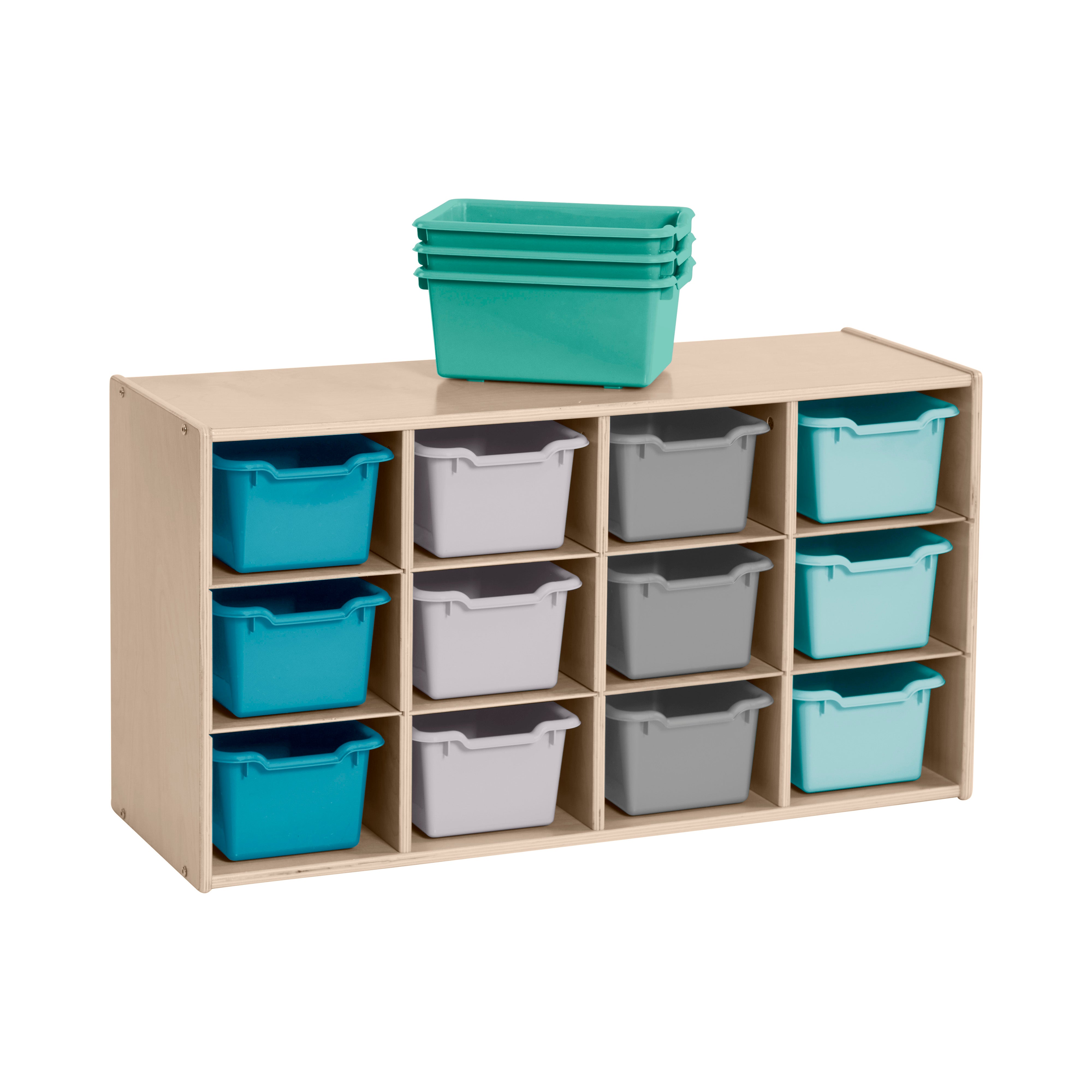 Streamline 12 Cubby Tray Cabinet with 15 Scoop Front Storage Bins, 3x4, Natural