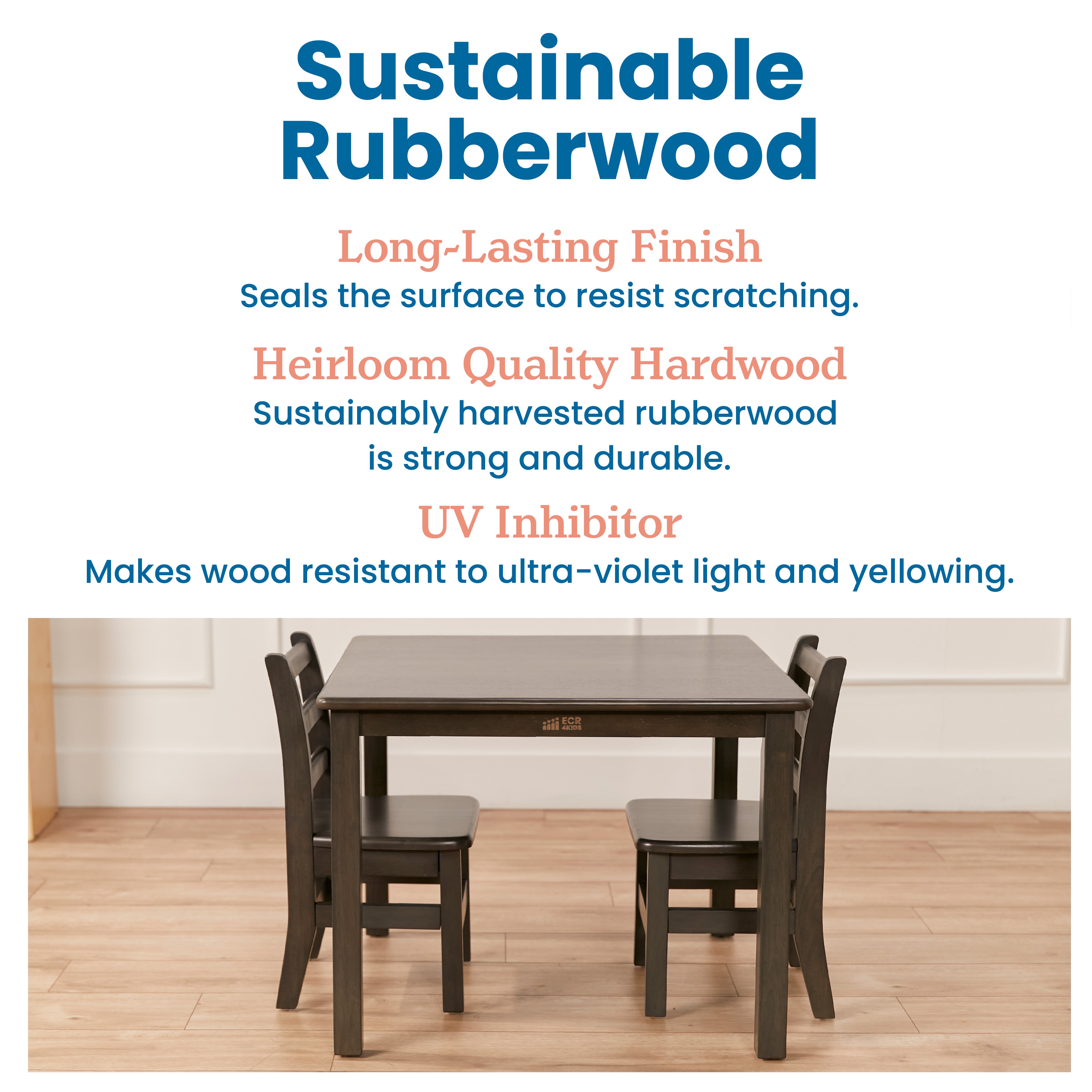 30in x 30in Square Hardwood Table and Chair Set, 12in Seat Height, 3-Piece