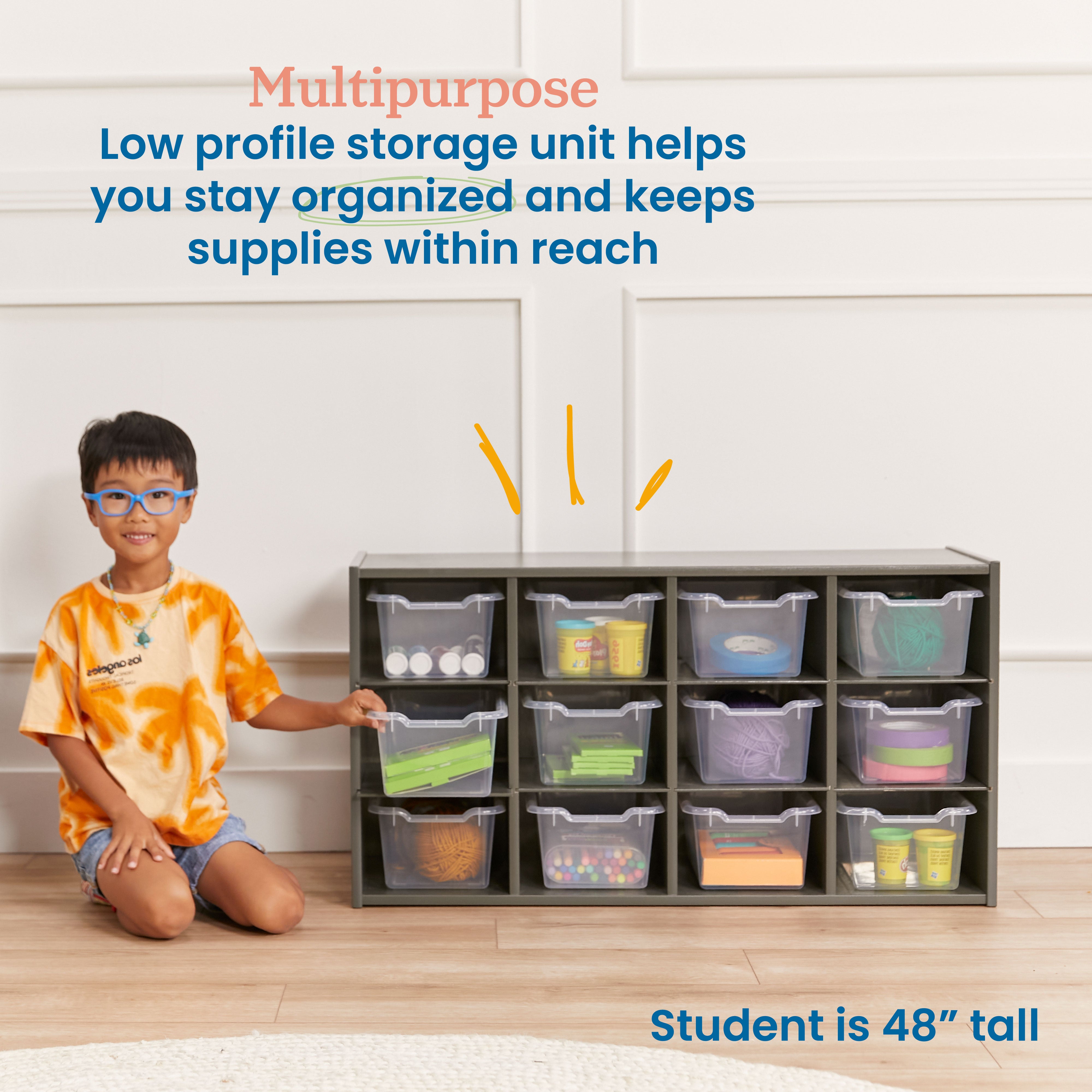 Streamline 12 Cubby Tray Cabinet with Scoop Front Storage Bins, 3x4, Grey Wash