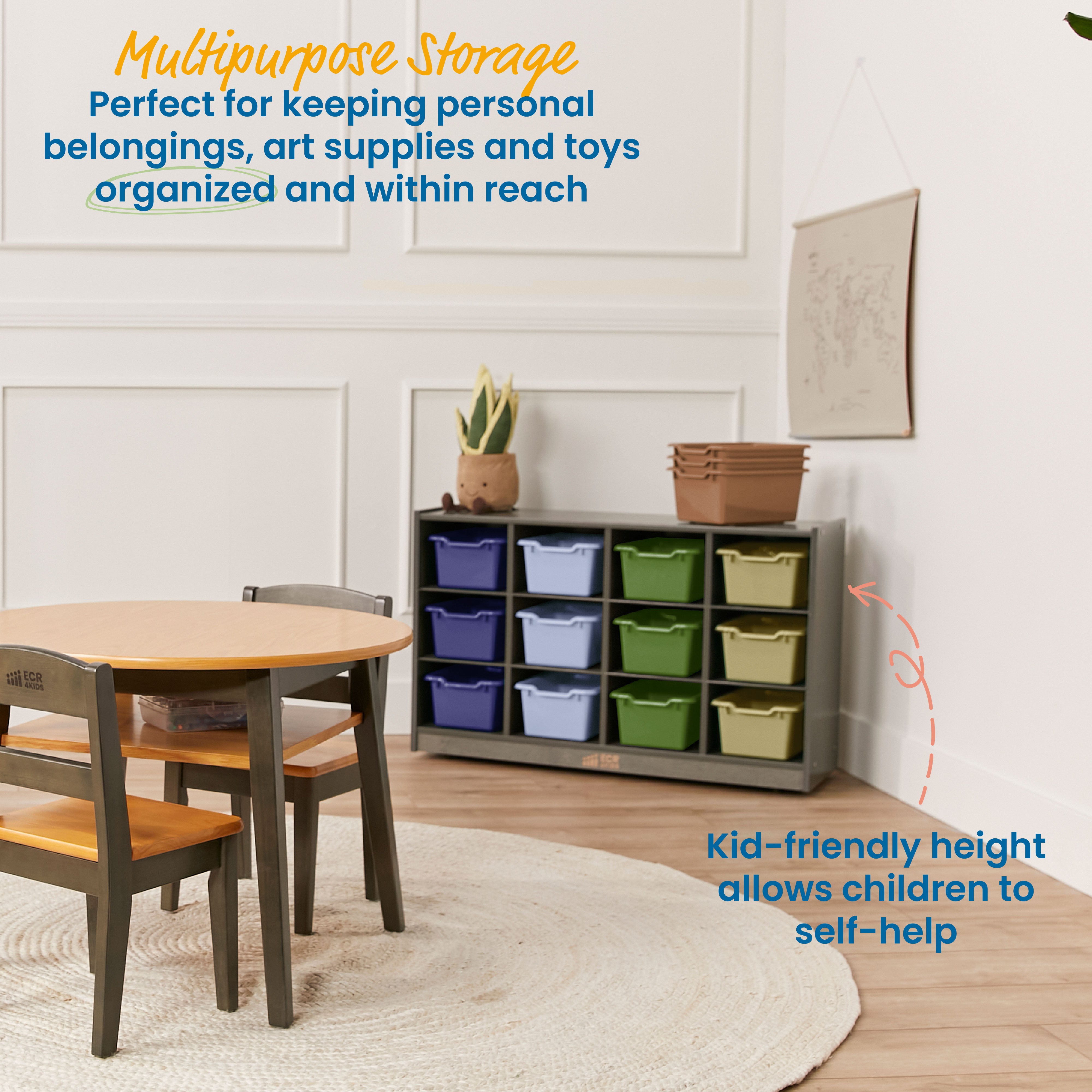 12 Cubby Mobile Tray Cabinet with 15 Scoop Front Storage Bins, 3x4, Grey Wash