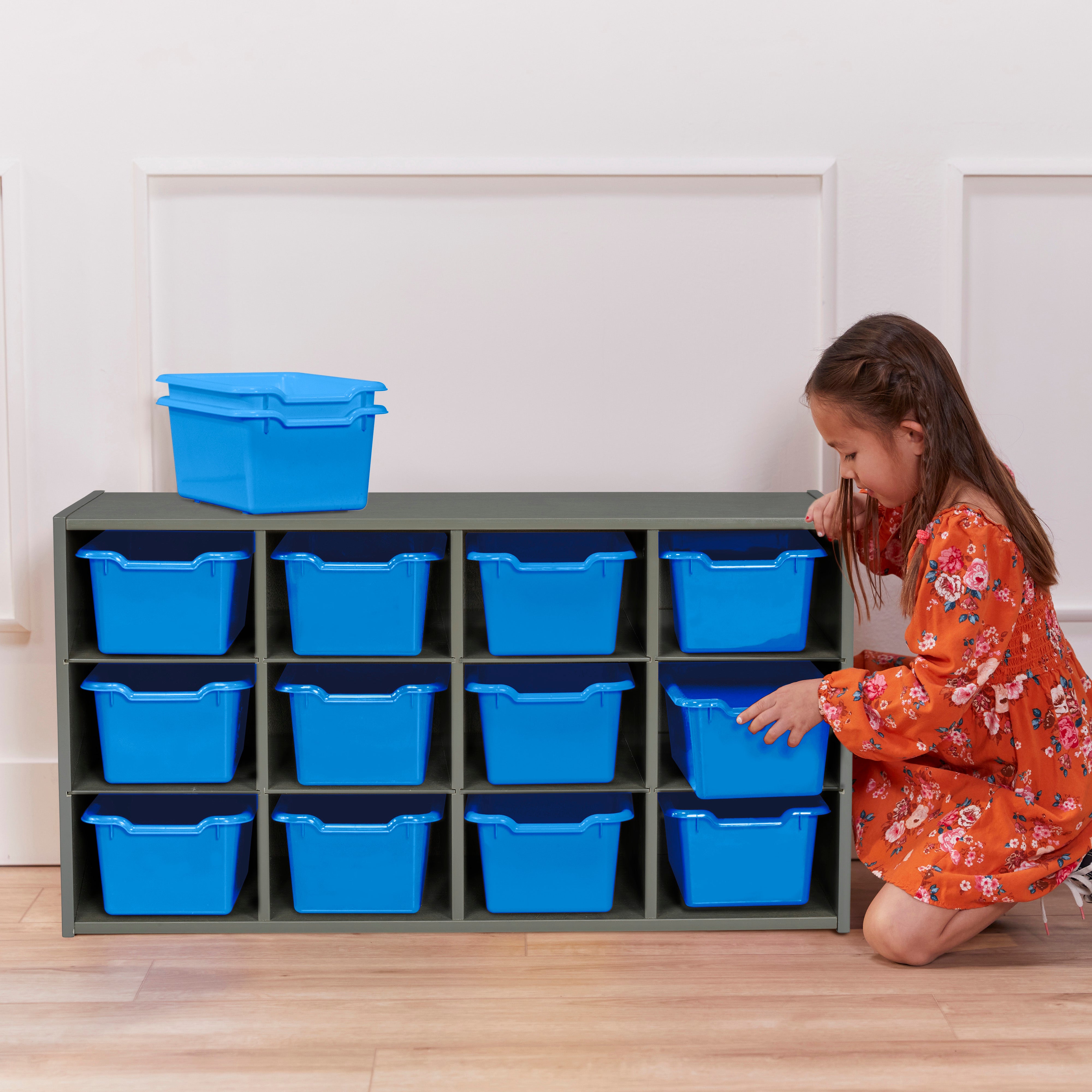 Streamline 12 Cubby Tray Cabinet with Scoop Front Storage Bins, 3x4, Grey Wash, Classroom Furniture