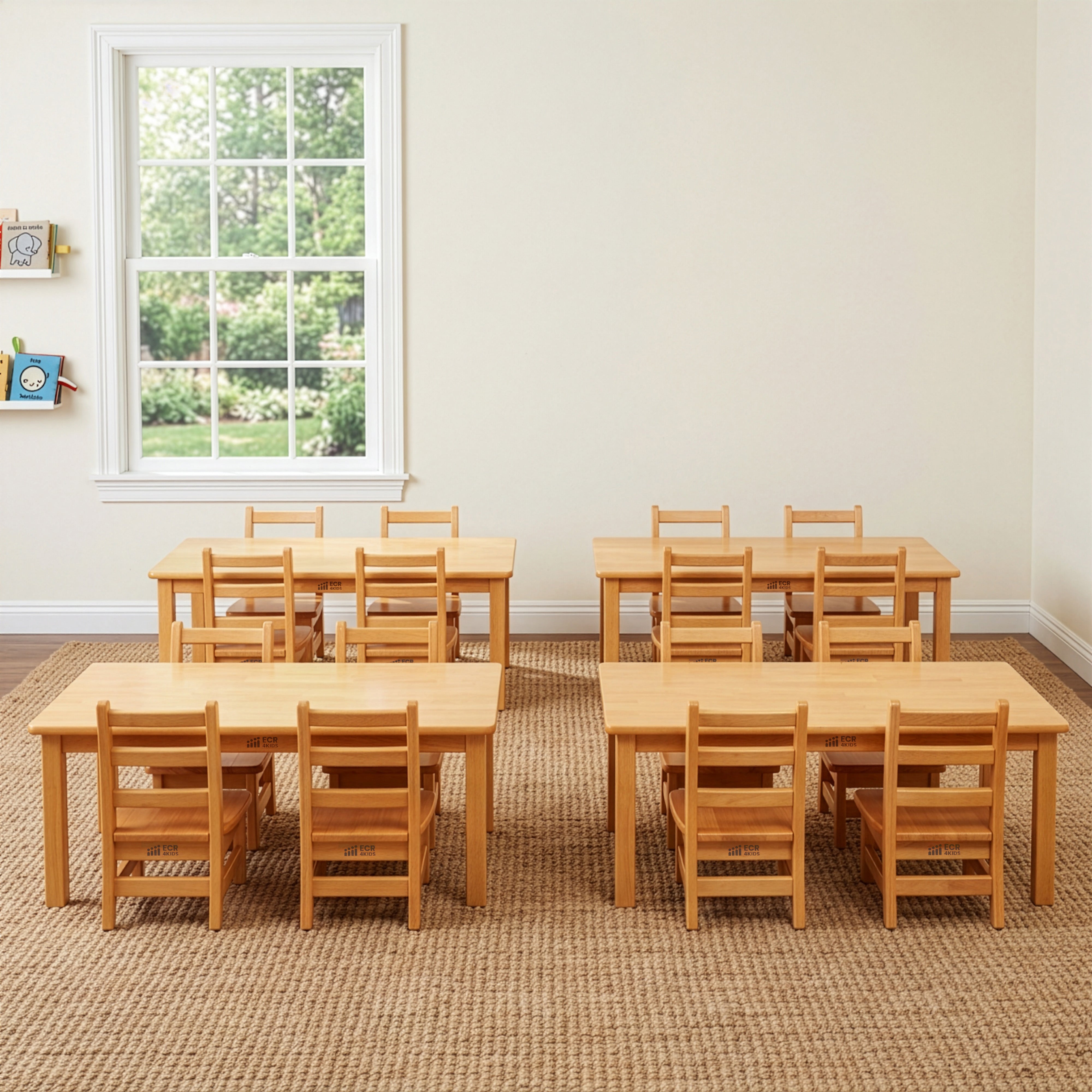 Toddler Classroom Essentials Package with Hardwood Table and Four Chairs, 8in Seat Height