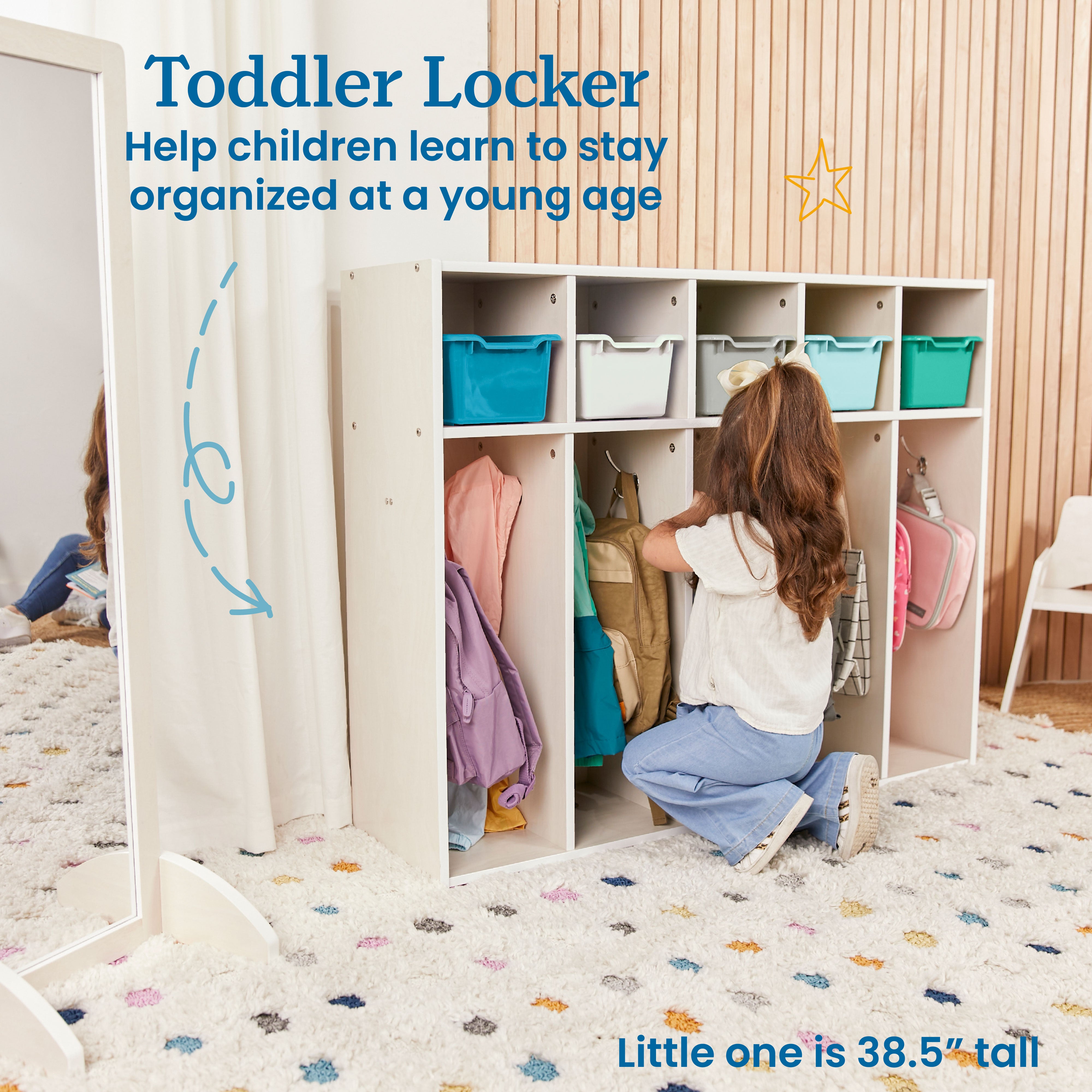 Streamline 5-Section Coat Locker with Scoop Front Storage Bins, Toddler Size, White Wash