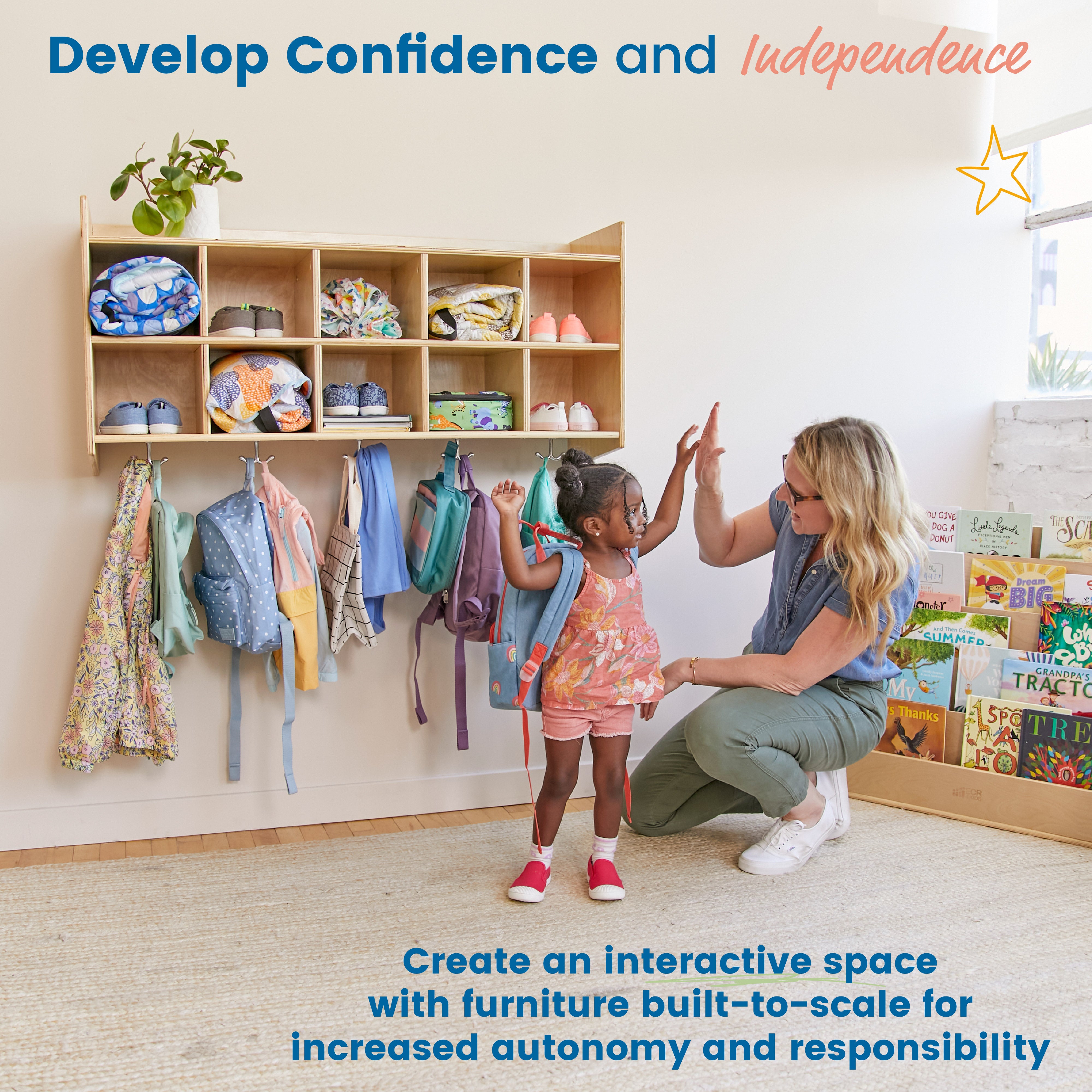 10-Section Hanging Coat Locker with Shelf and Scoop Front Storage Bins, Natural