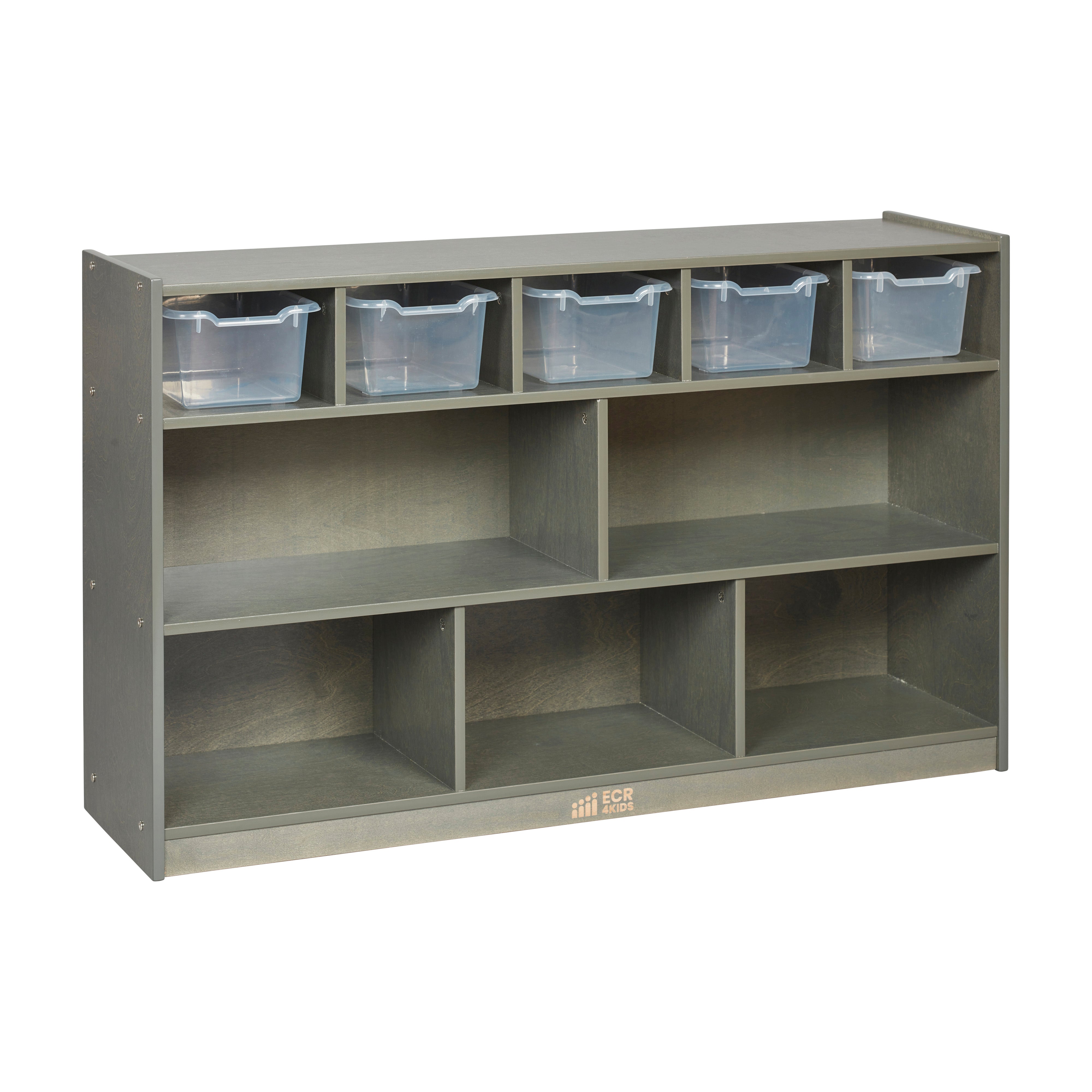 5+5 Mobile Storage and Tray Cabinet with 5 Scoop Front Bins, Grey Wash, Classroom Furniture