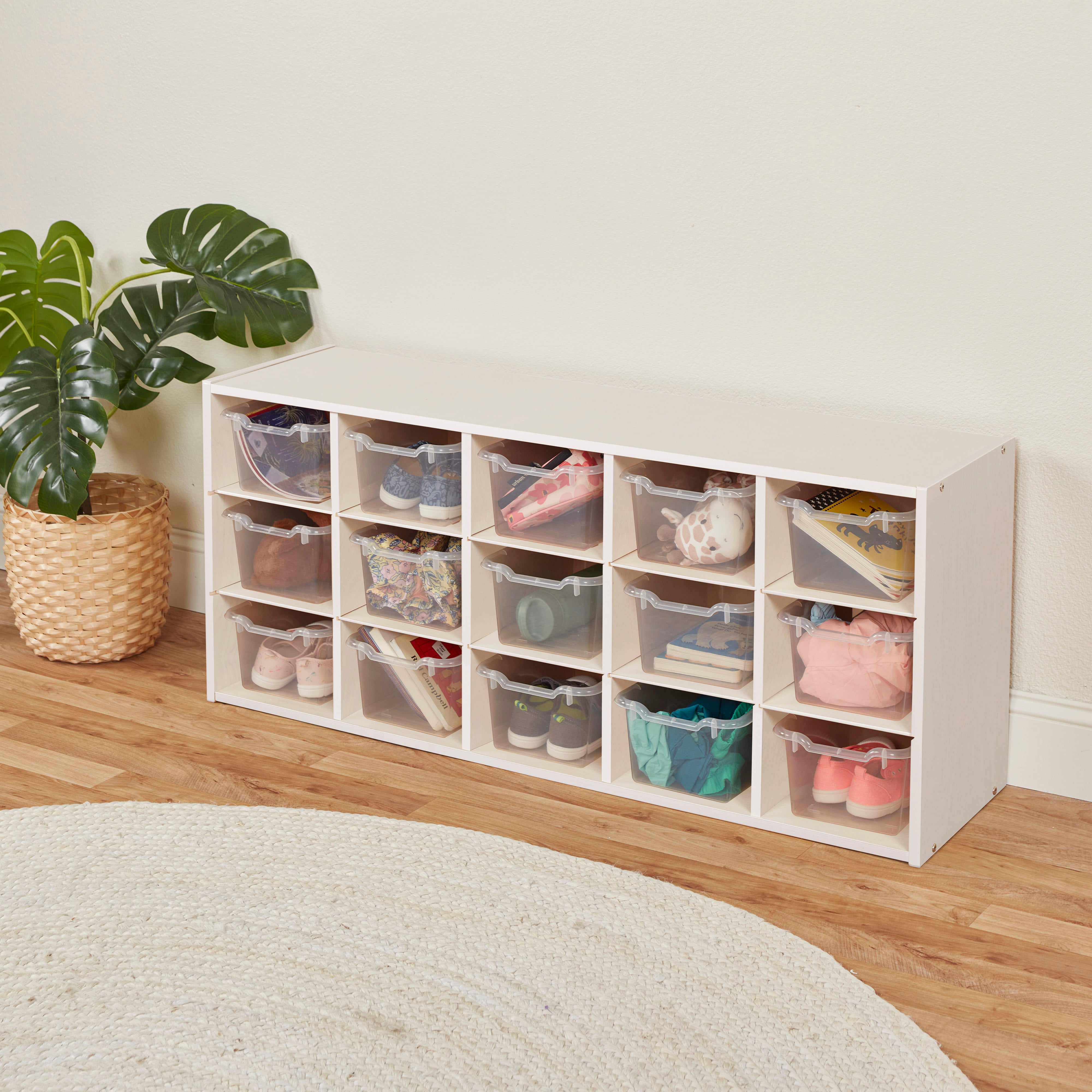 Streamline 15 Cubby Tray Cabinet with 15 Scoop Front Storage Bins, 3x5, White Wash