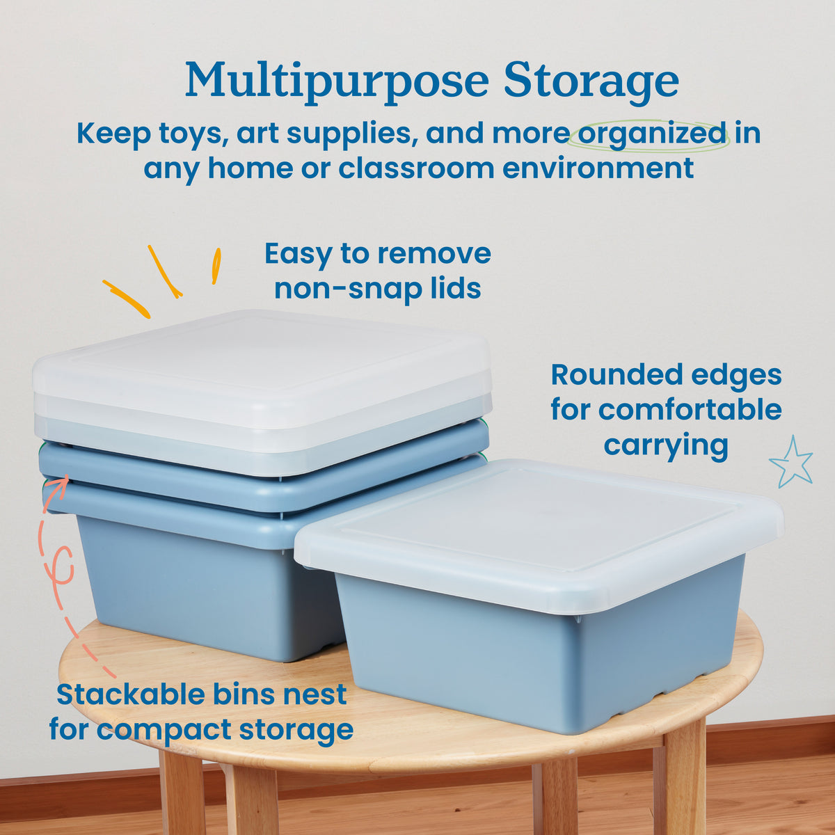 Stackable Square Bins with Non-Snap Lids, 4-Pack