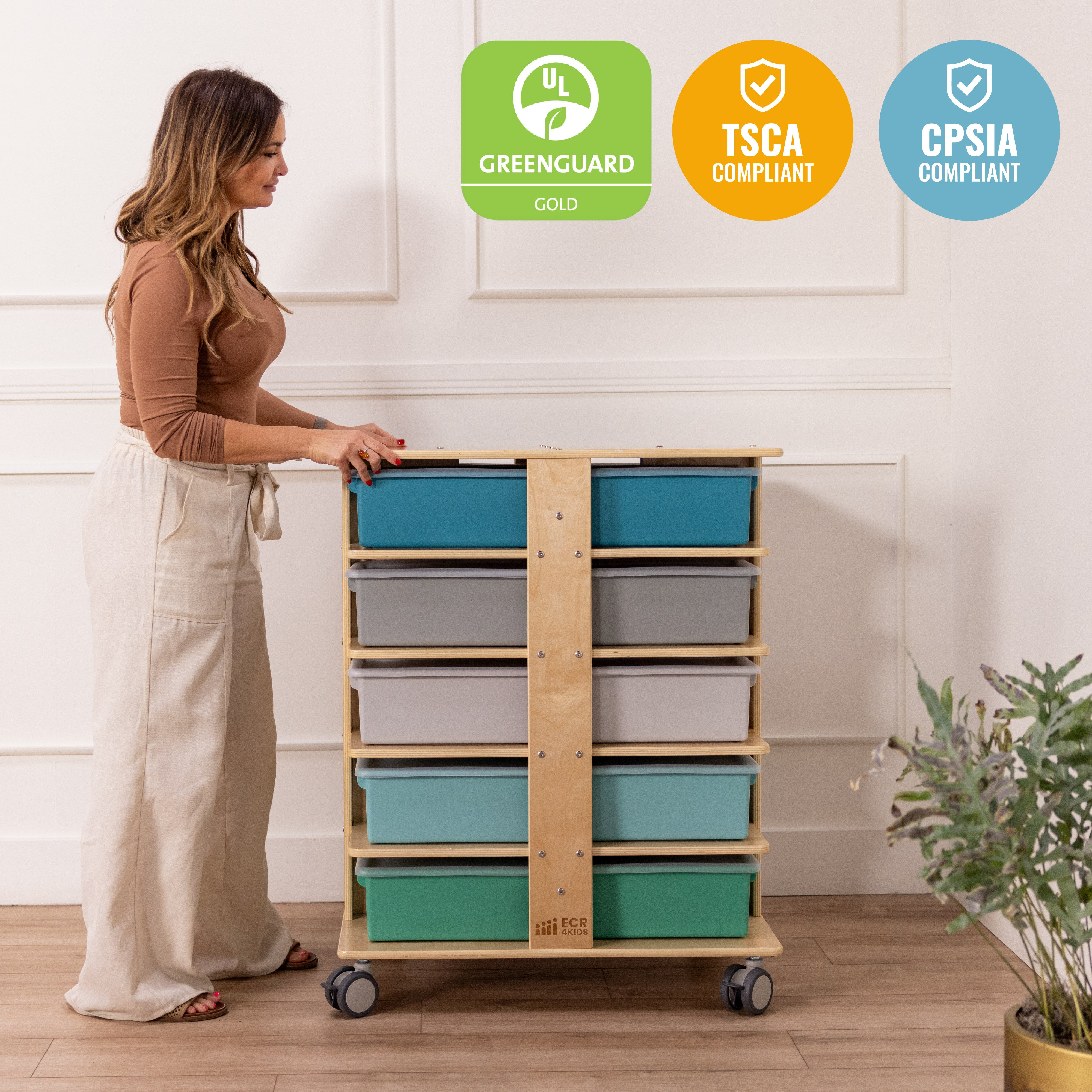 20-Compartment Mobile Storage Tower with Cubby Bins with Lids, 5x4, Natural