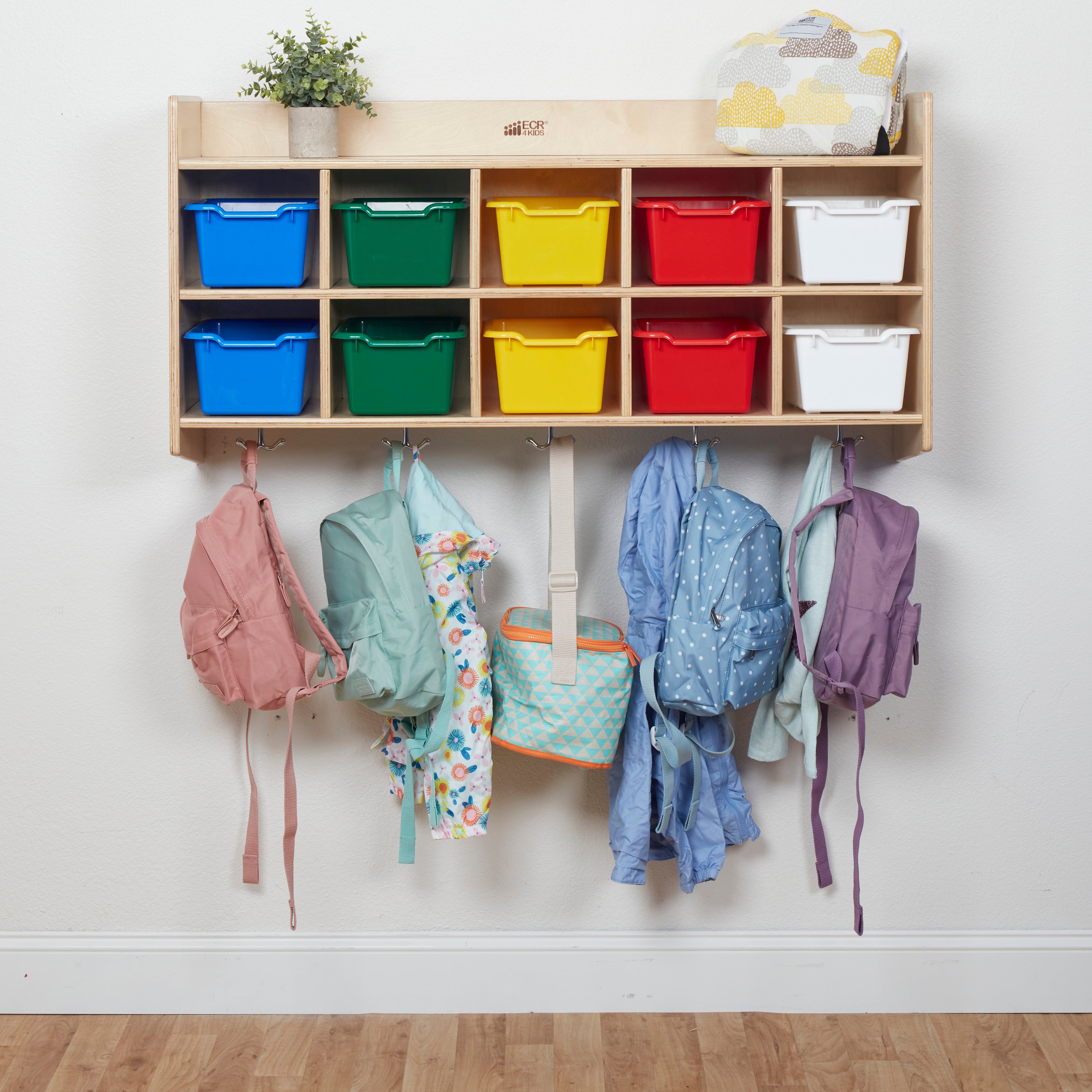 10-Section Hanging Coat Locker with Shelf and Scoop Front Storage Bins, Natural