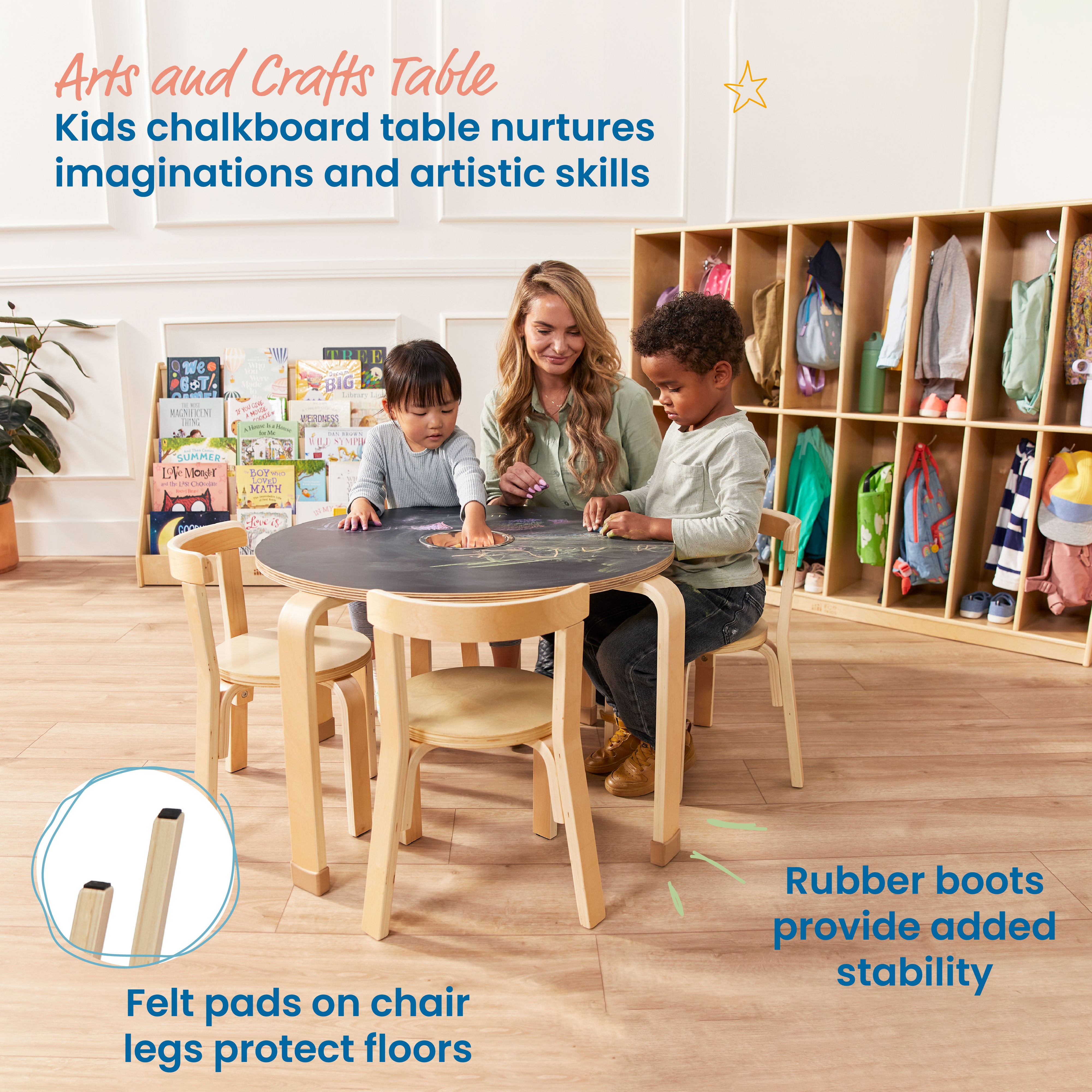 Bentwood Chalkboard Table and Curved Back Chair Set, Kids Furniture, Natural, 5-Piece