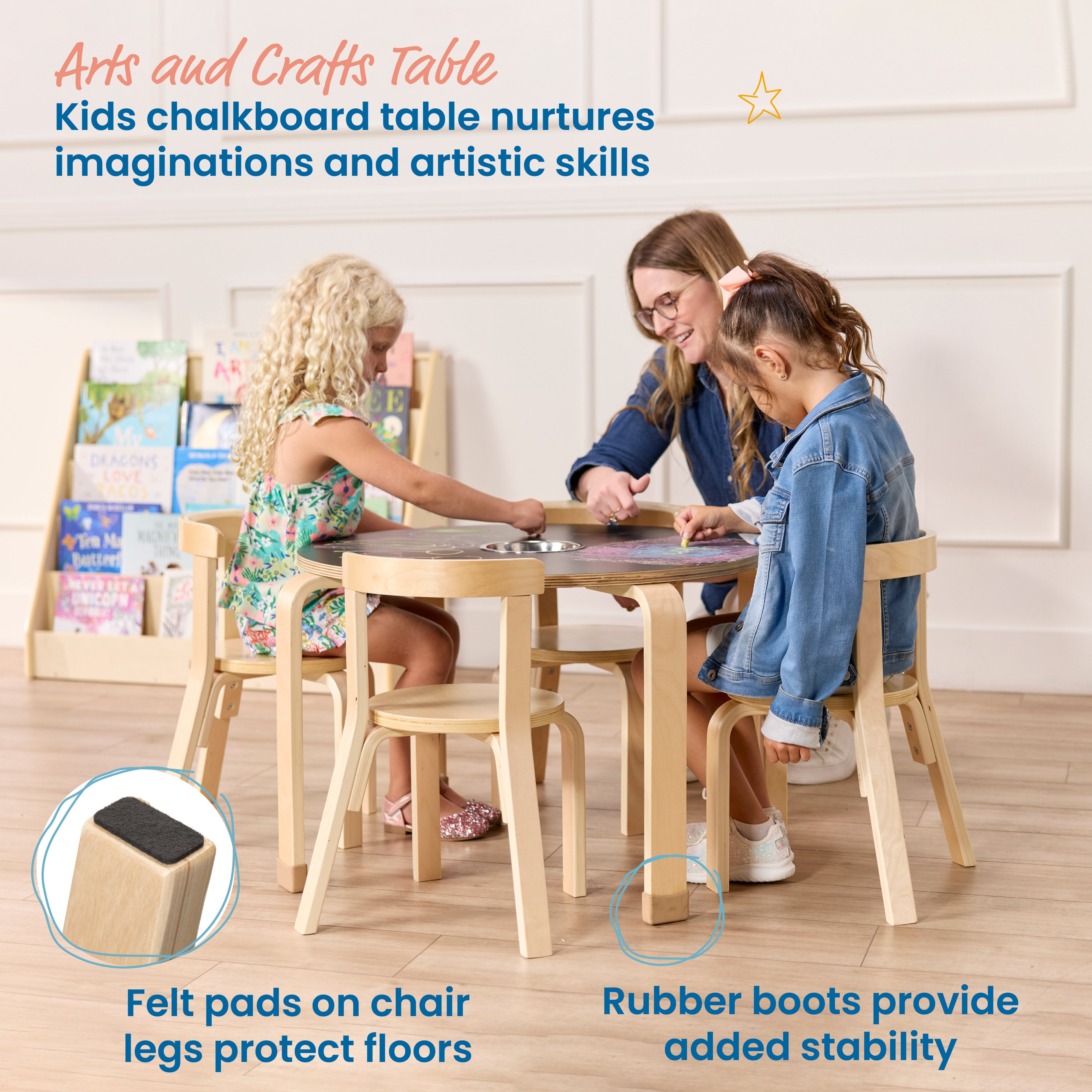 Round Bentwood Chalkboard Table and Curved Back Chair Set, 5-Piece