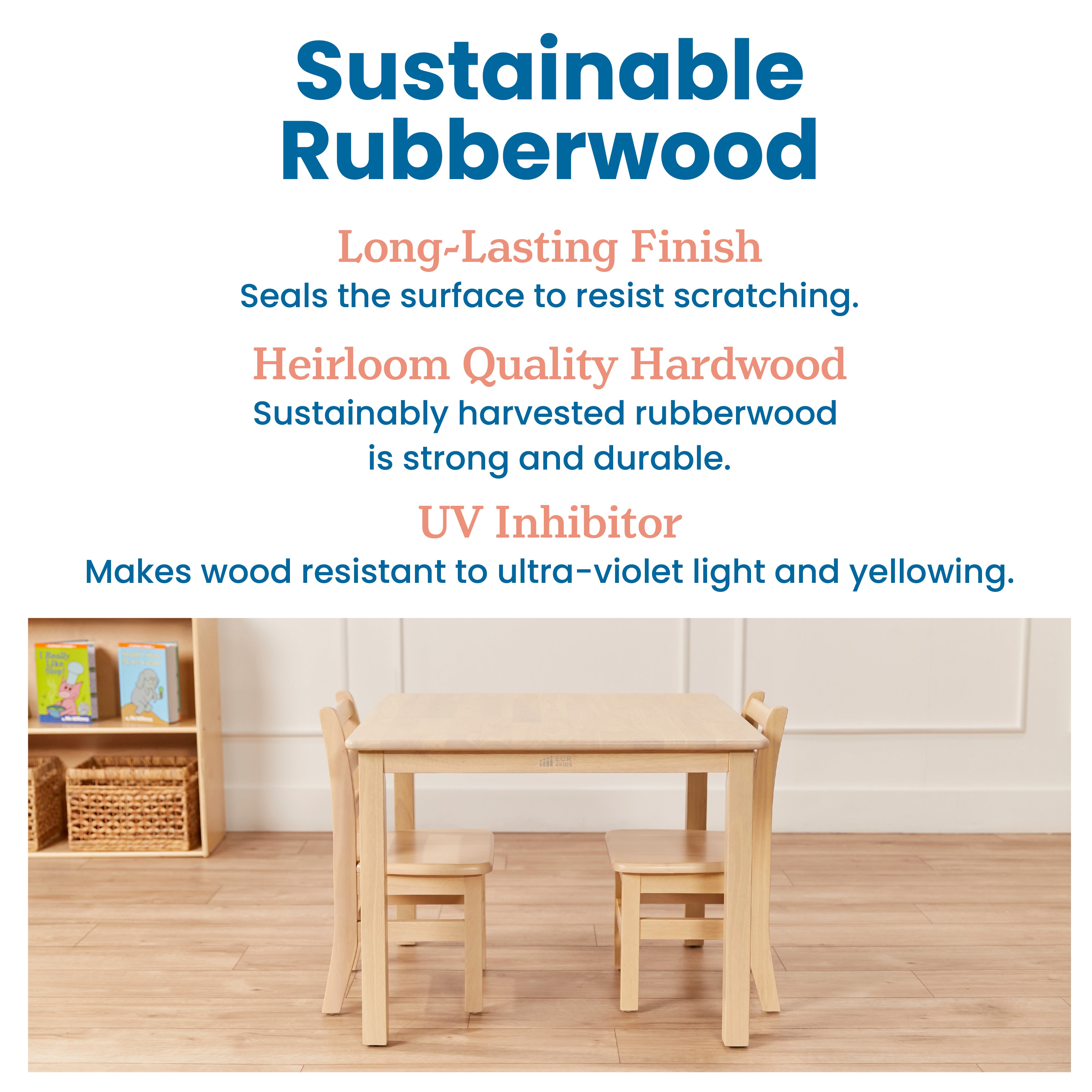 30in x 30in Square Hardwood Table and Chair Set, 12in Seat Height, 3-Piece