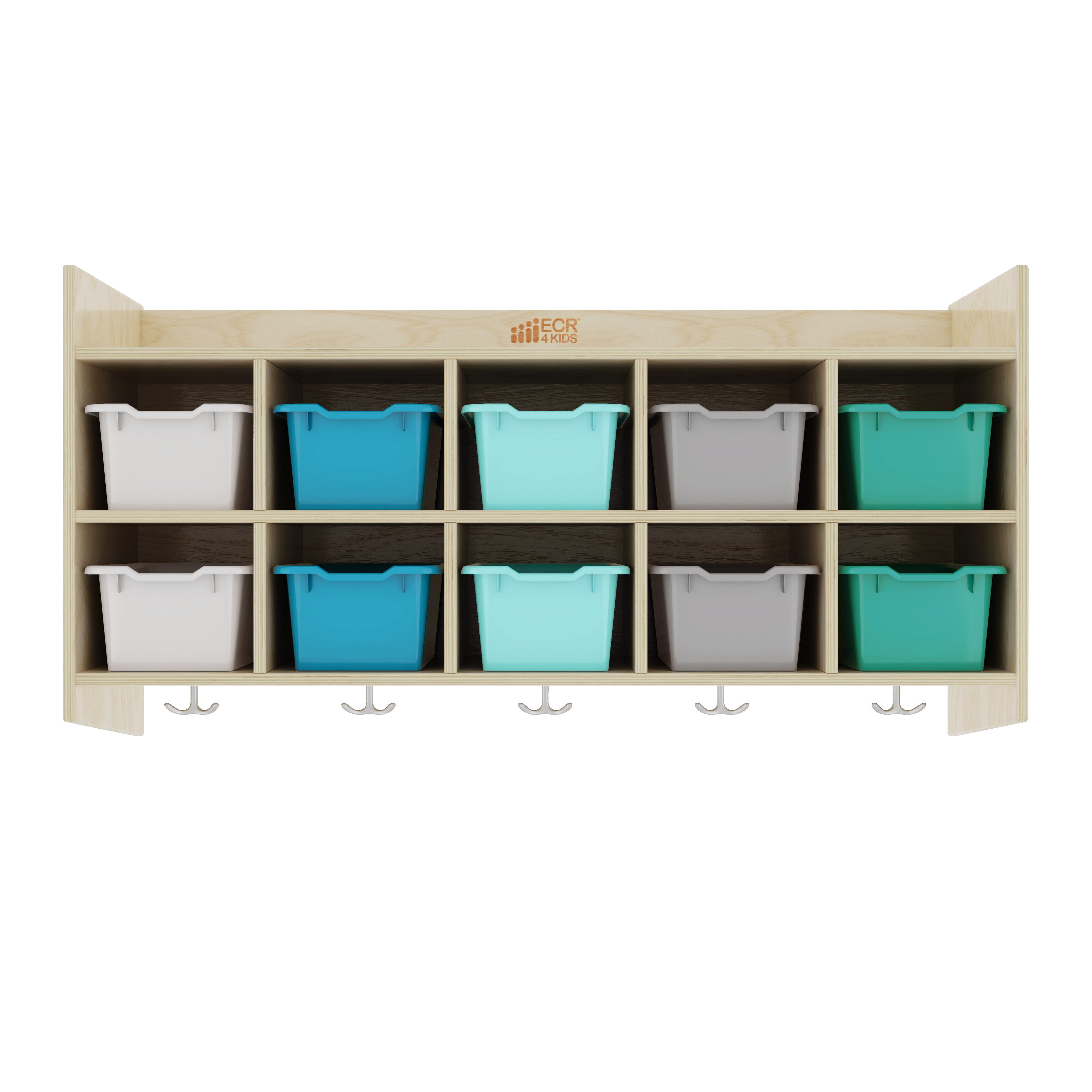10-Section Hanging Coat Locker with Shelf and Scoop Front Storage Bins, Natural