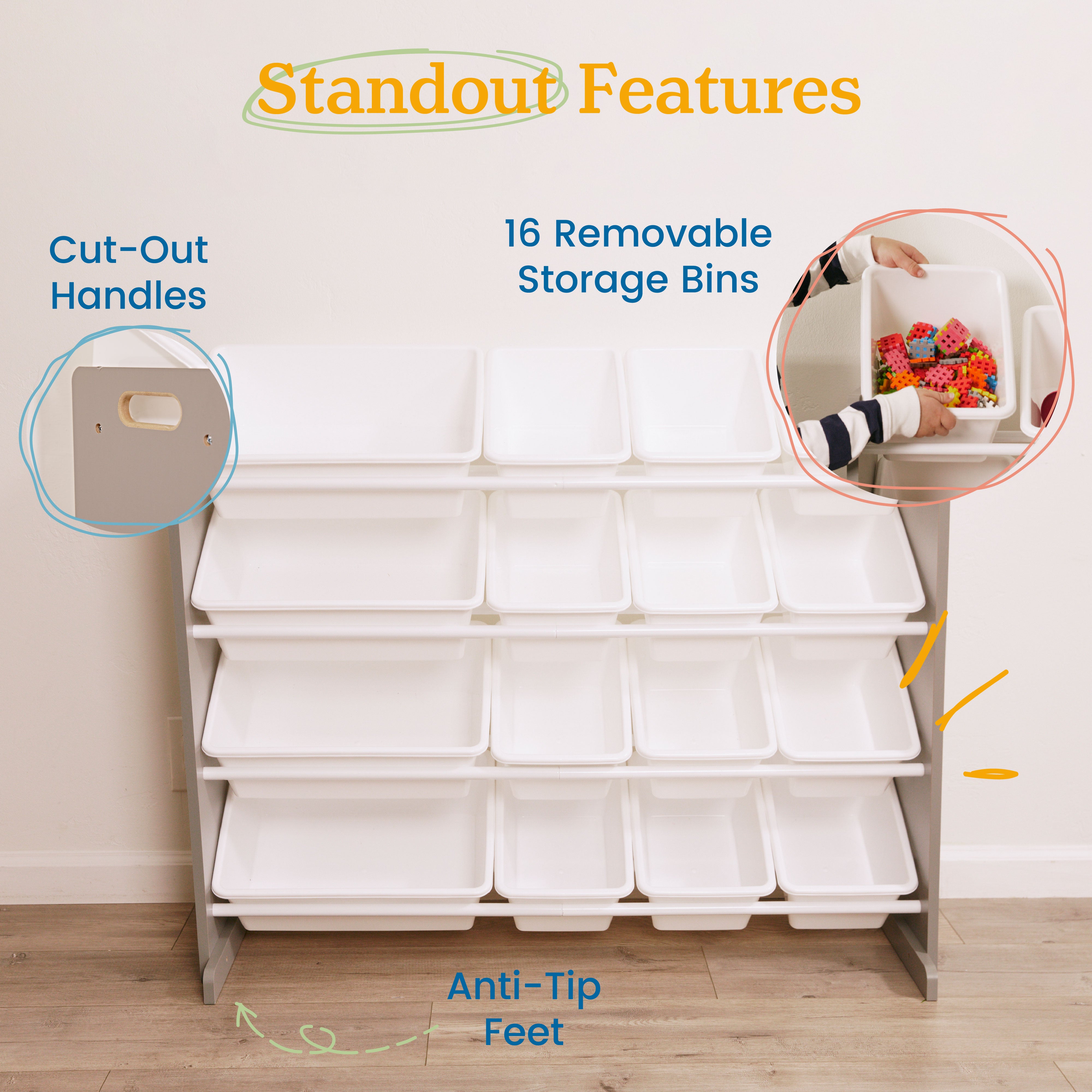 4-Tier Organizer with 16 Removable Plastic Bins, 4x4