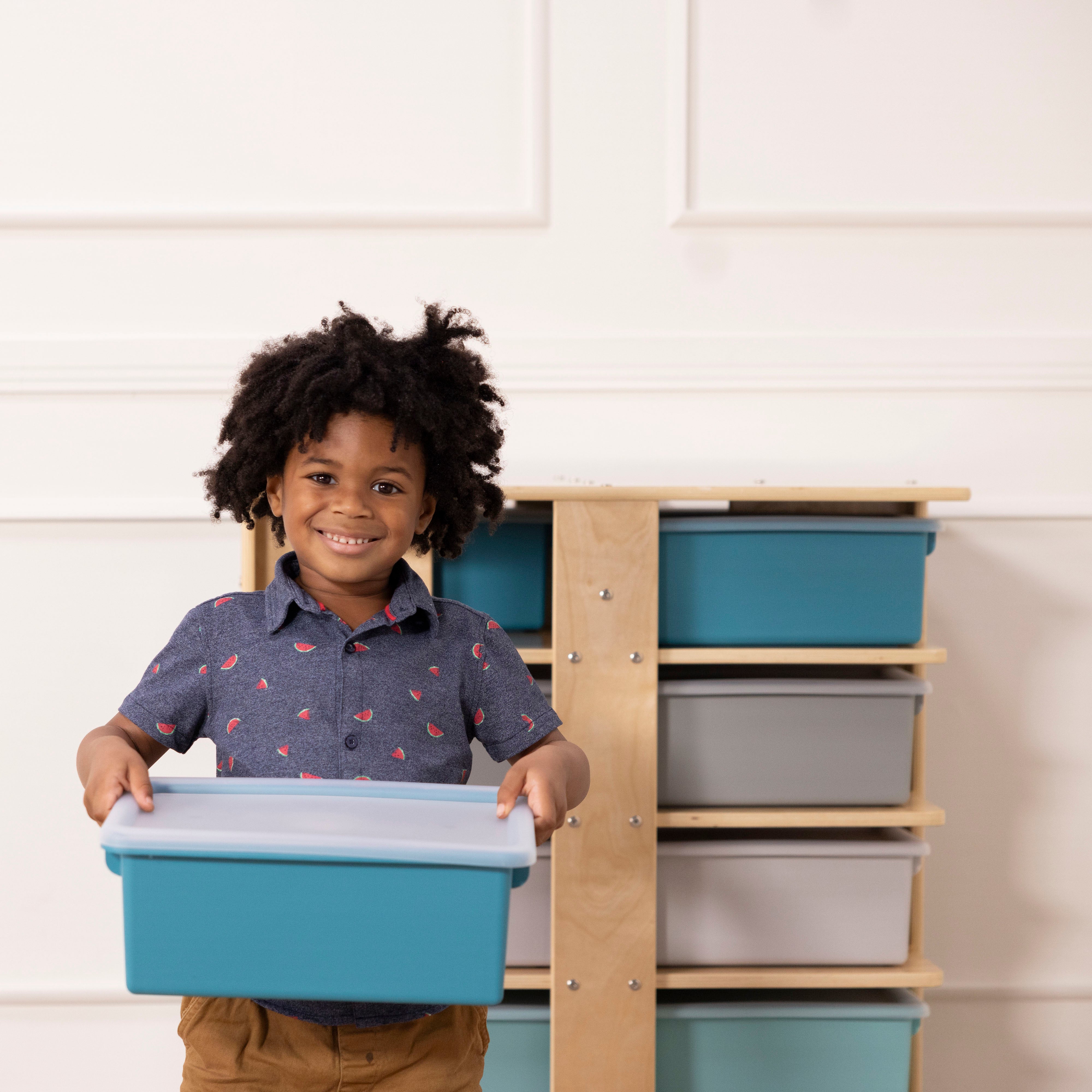 20-Compartment Mobile Storage Tower with Cubby Bins with Lids, 5x4, Natural