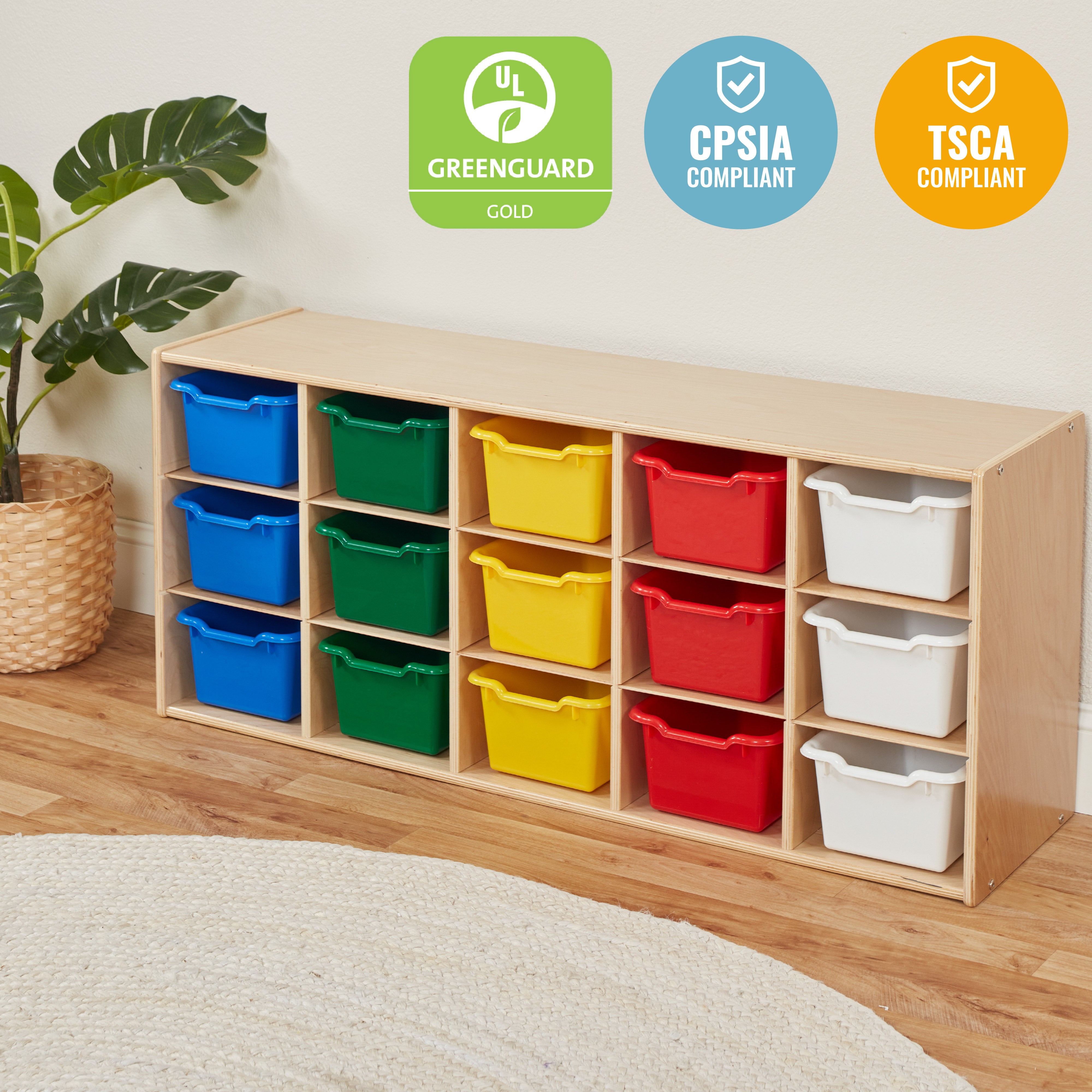 Streamline 15 Cubby Tray Cabinet with 15 Scoop Front Storage Bins, 3x5, Natural