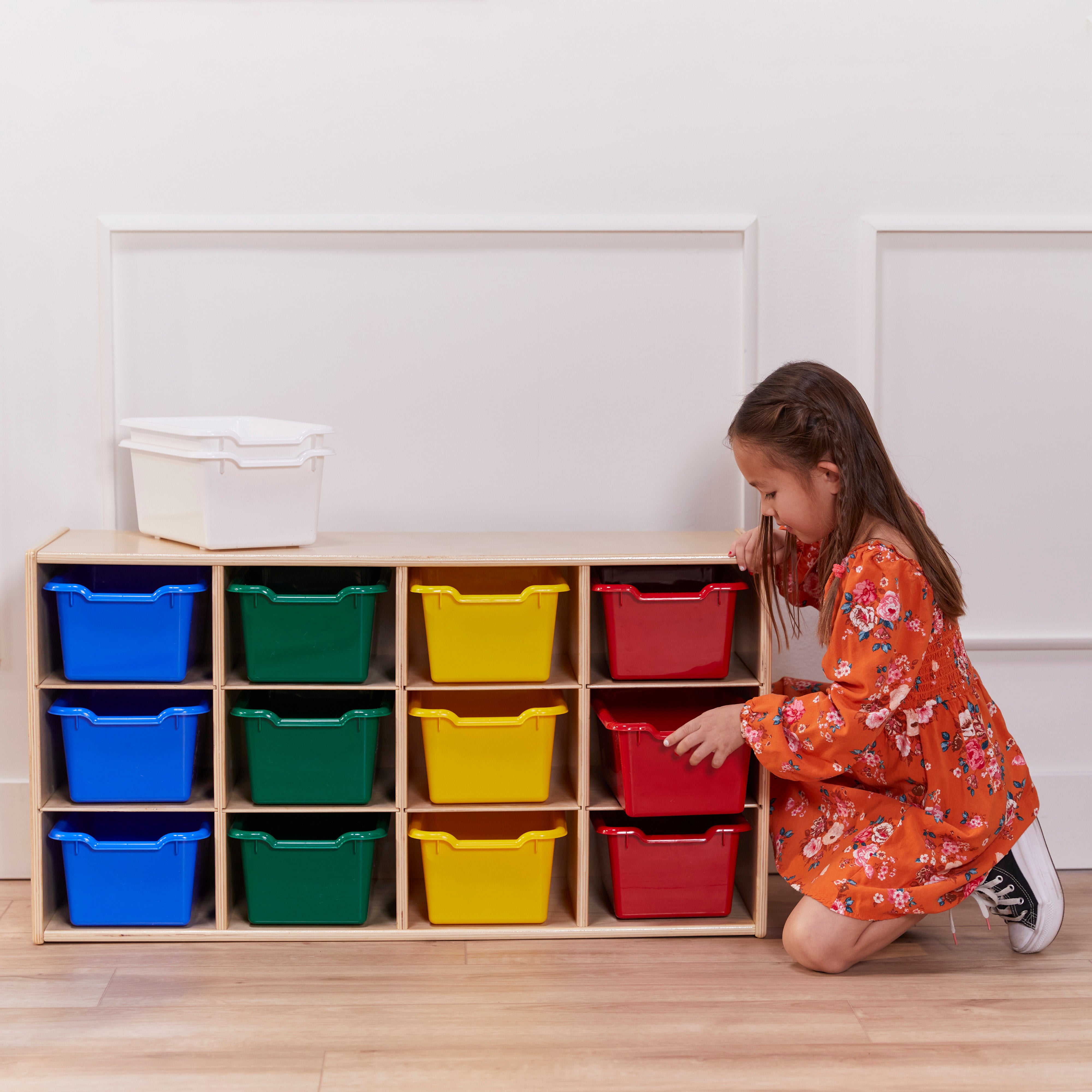 Streamline 12 Cubby Tray Cabinet with 15 Scoop Front Storage Bins, 3x4, Natural