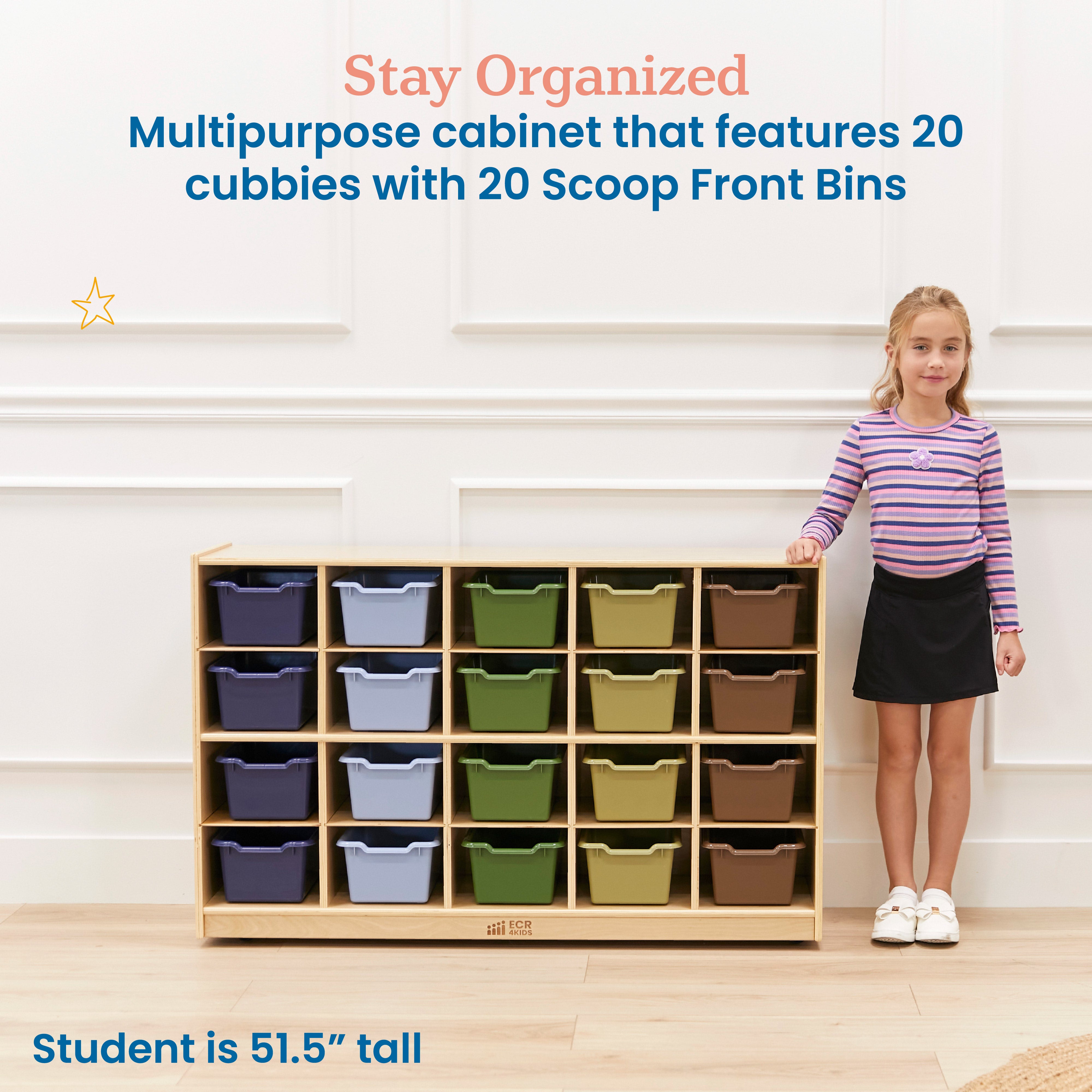 20 Cubby Tray Cabinet with Scoop Front Storage Bins, Classroom Furniture