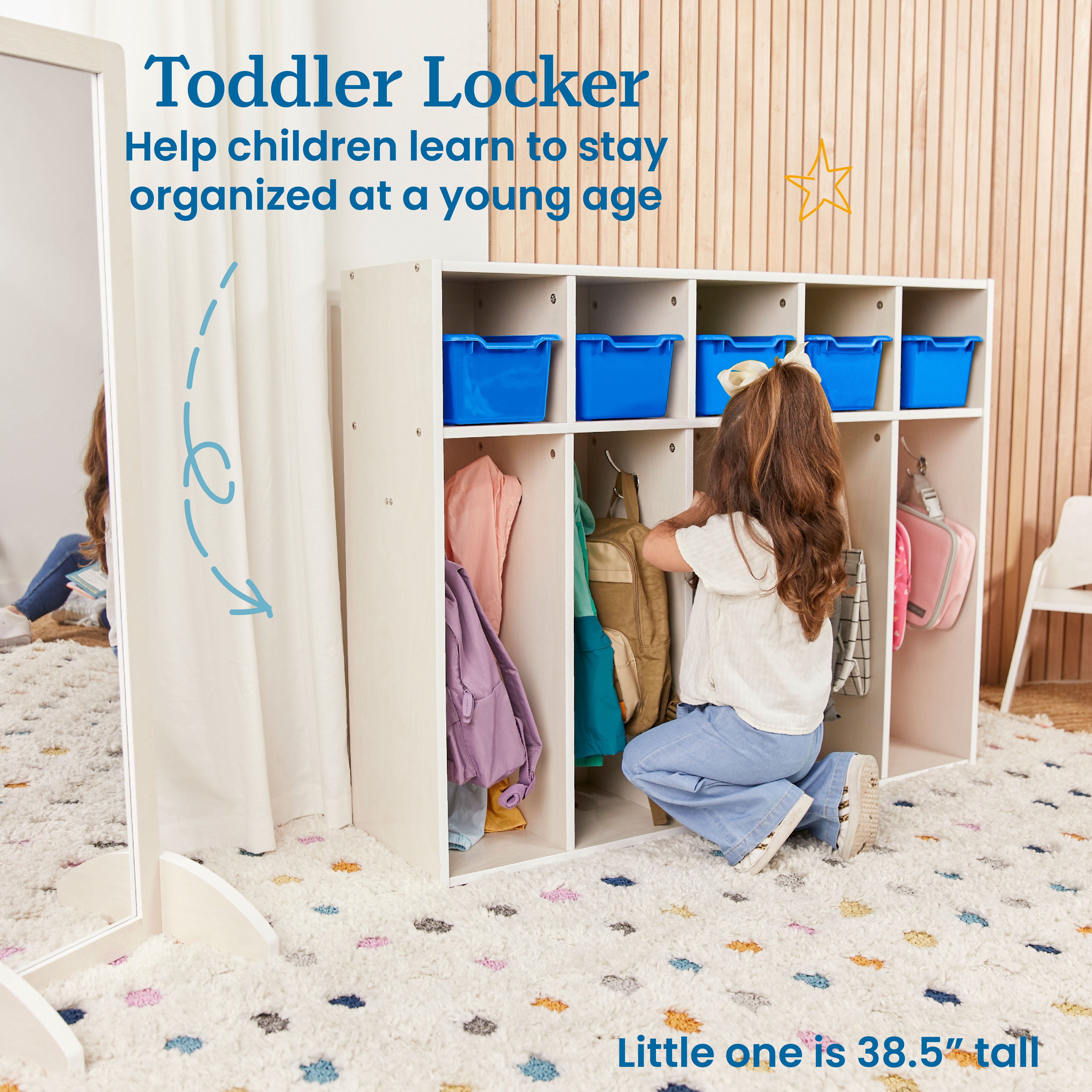 Streamline 5-Section Coat Locker with Scoop Front Storage Bins, Toddler Size, White Wash