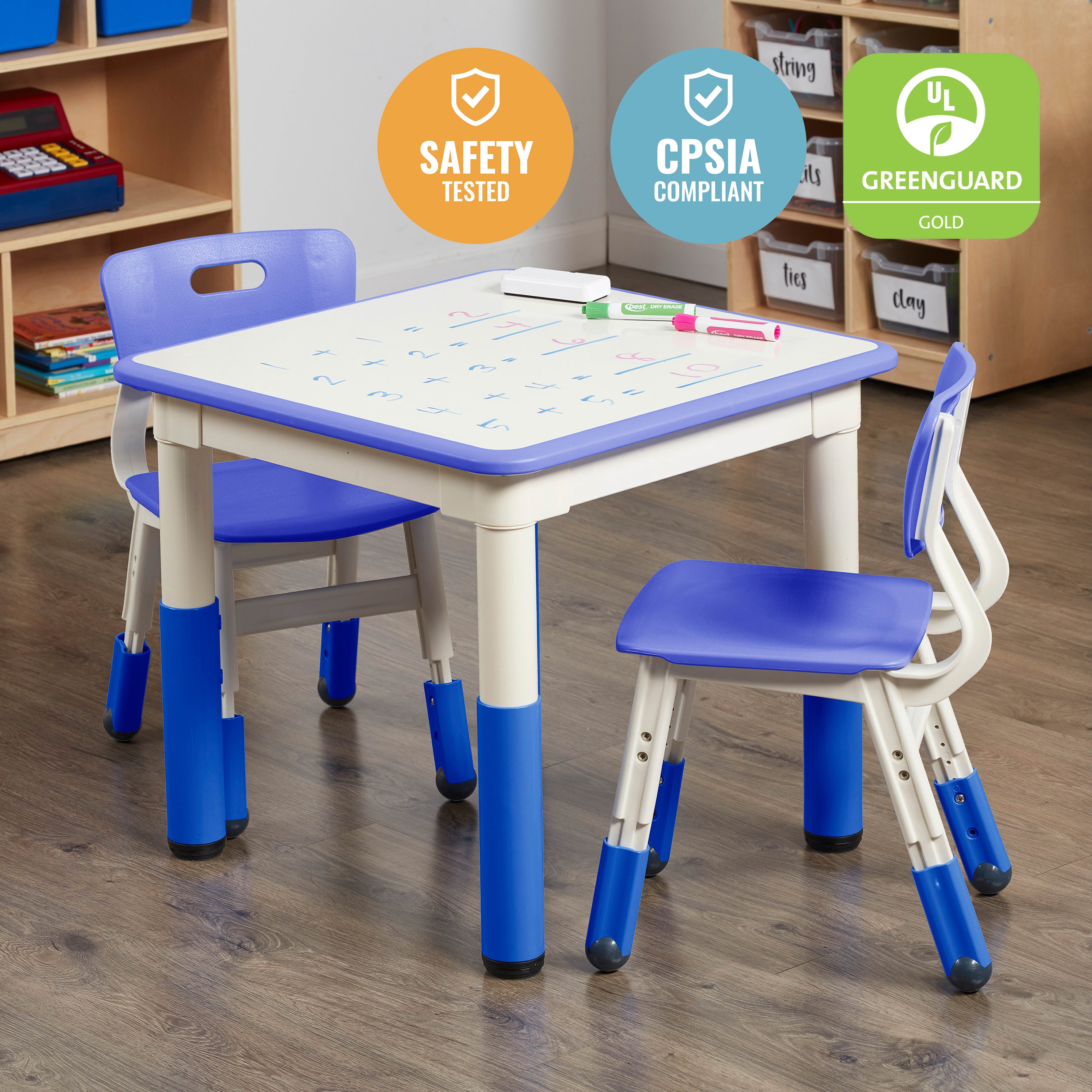 Dry-Erase Square Activity Table with 2 Chairs, Adjustable, 3-Piece