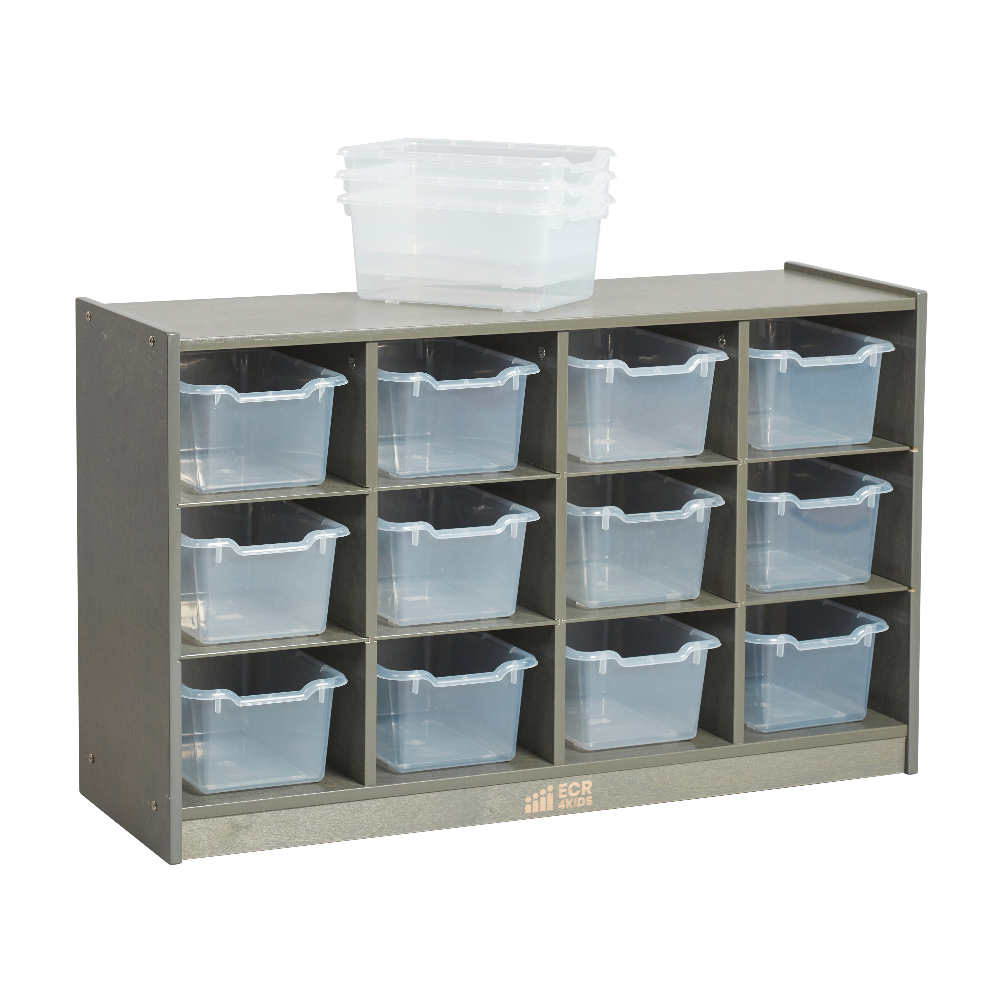 12 Cubby Mobile Tray Cabinet with 15 Scoop Front Storage Bins, 3x4, Grey Wash