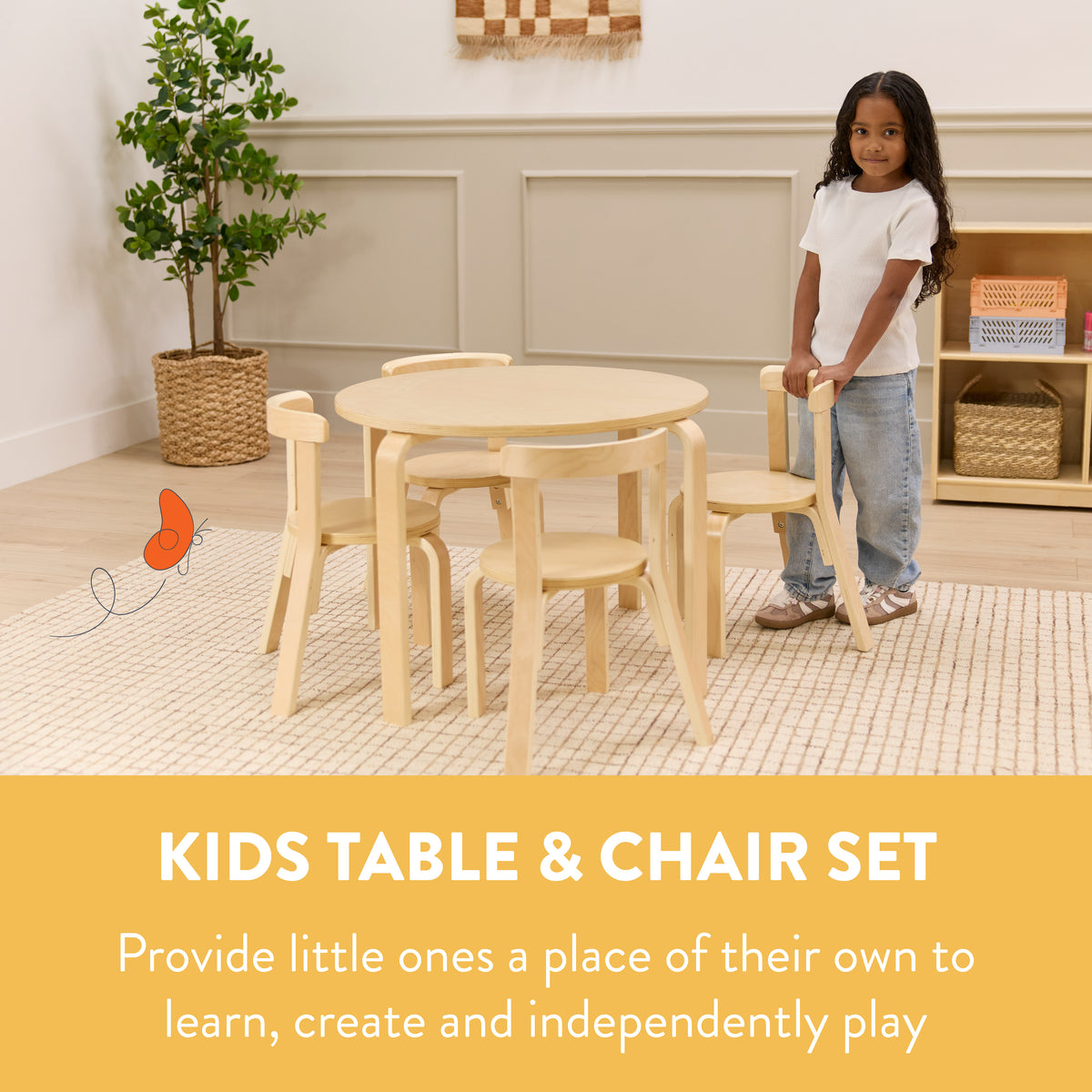 Natural wood bentwood kids table with four matching curved chairs in a light room setting.