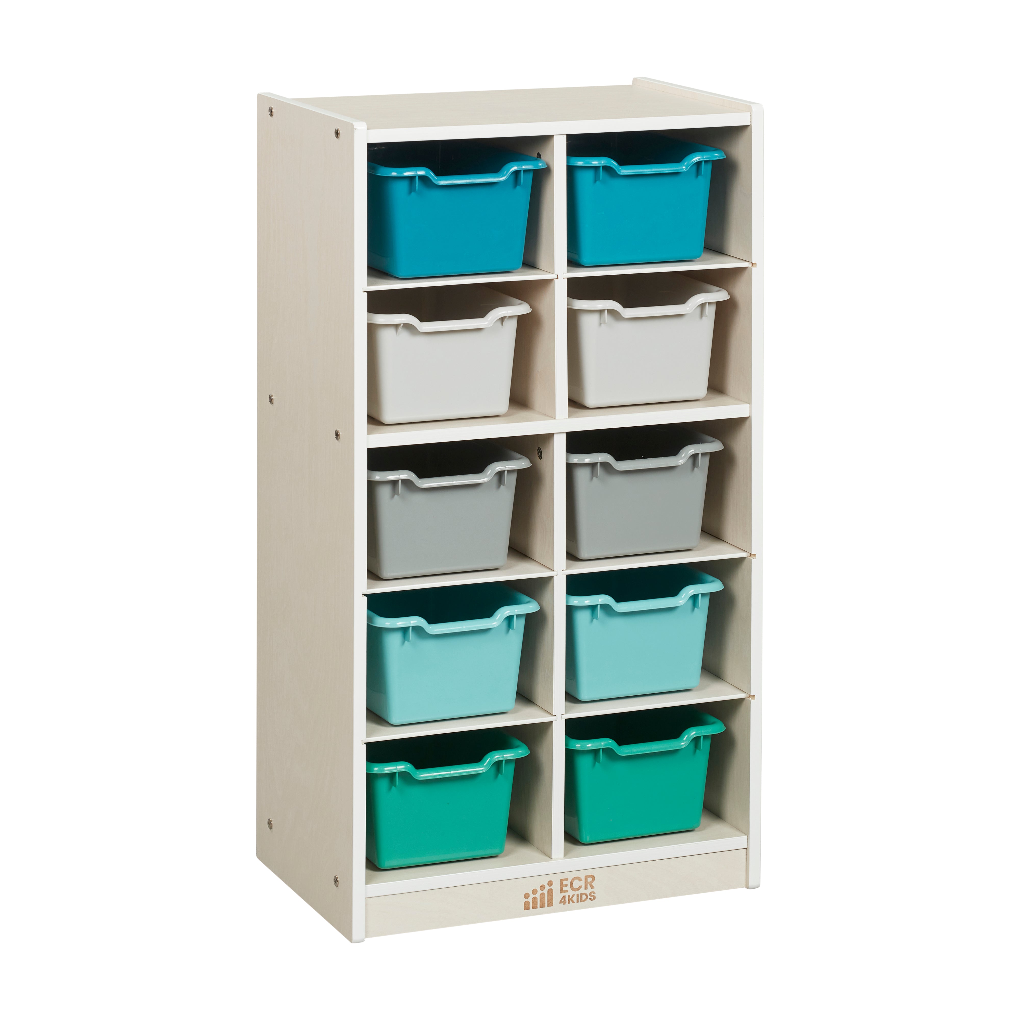 10 Cubby Mobile Tray Cabinet with 10 Scoop Front Storage Bins, 5x2, White Wash
