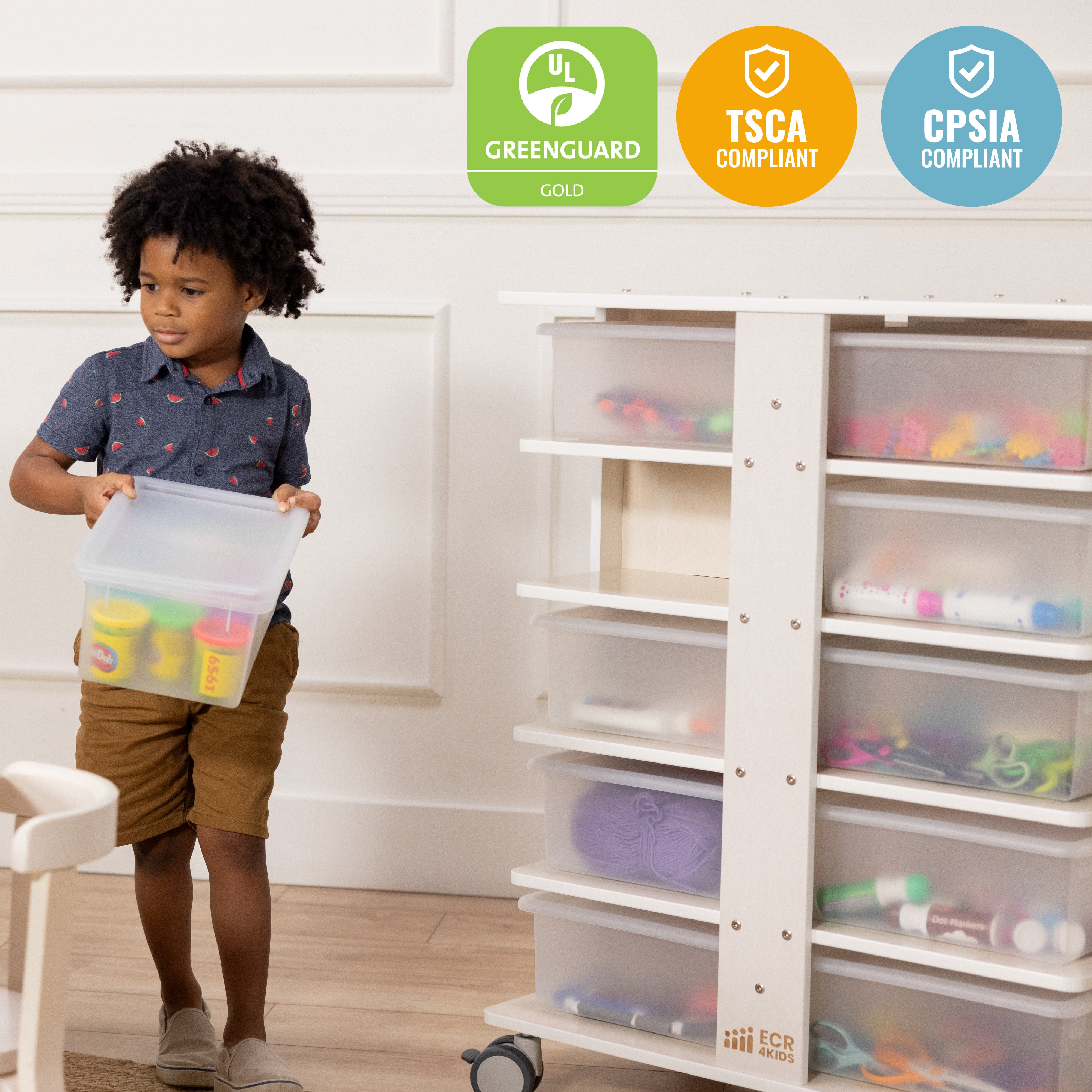 20-Compartment Mobile Storage Tower with Cubby Bins with Lids, 5x4, White Wash, Classroom Furniture