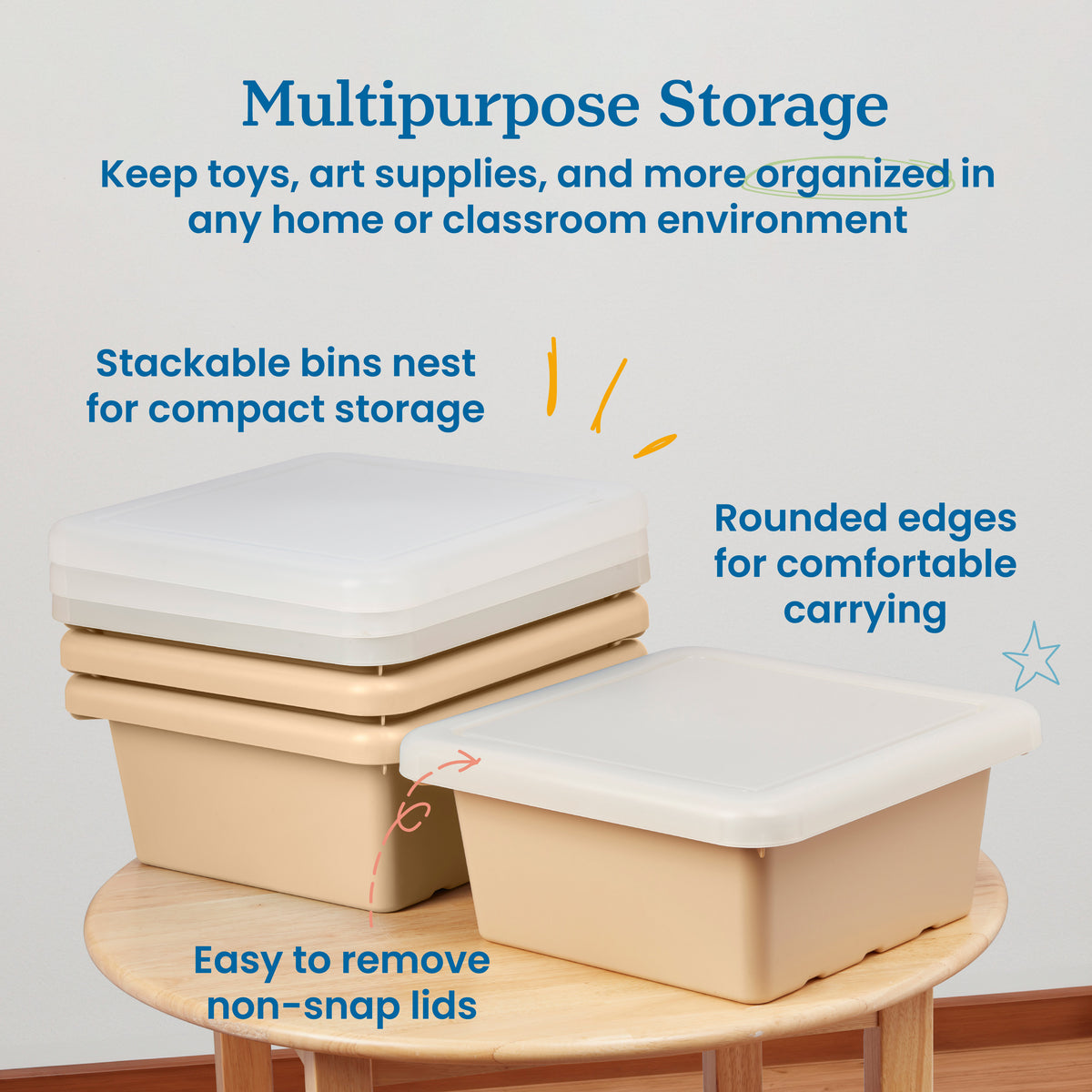 Stackable Square Bins with Non-Snap Lids, 4-Pack
