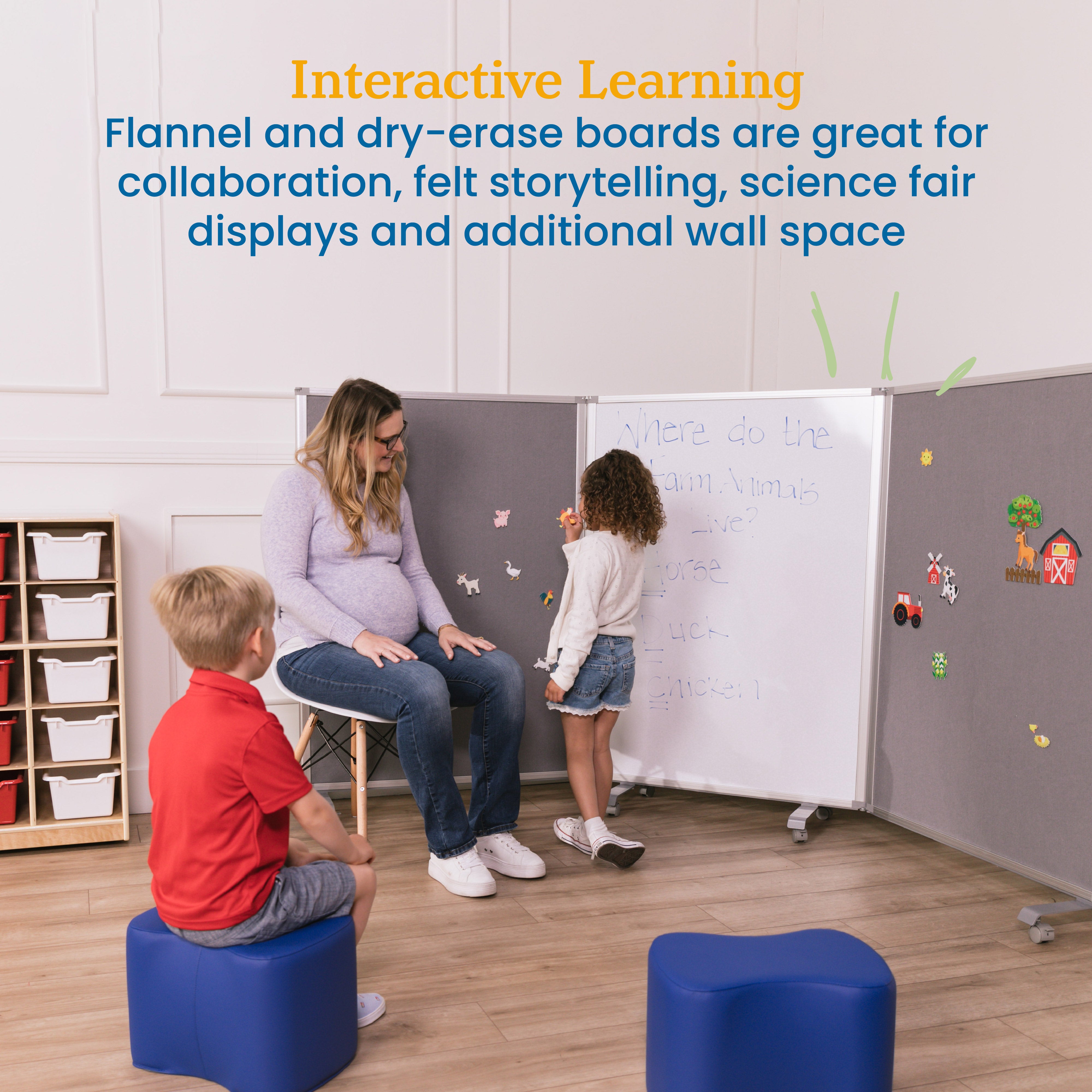 Mobile Dry-Erase and Flannel Room Divider, 3-Panel