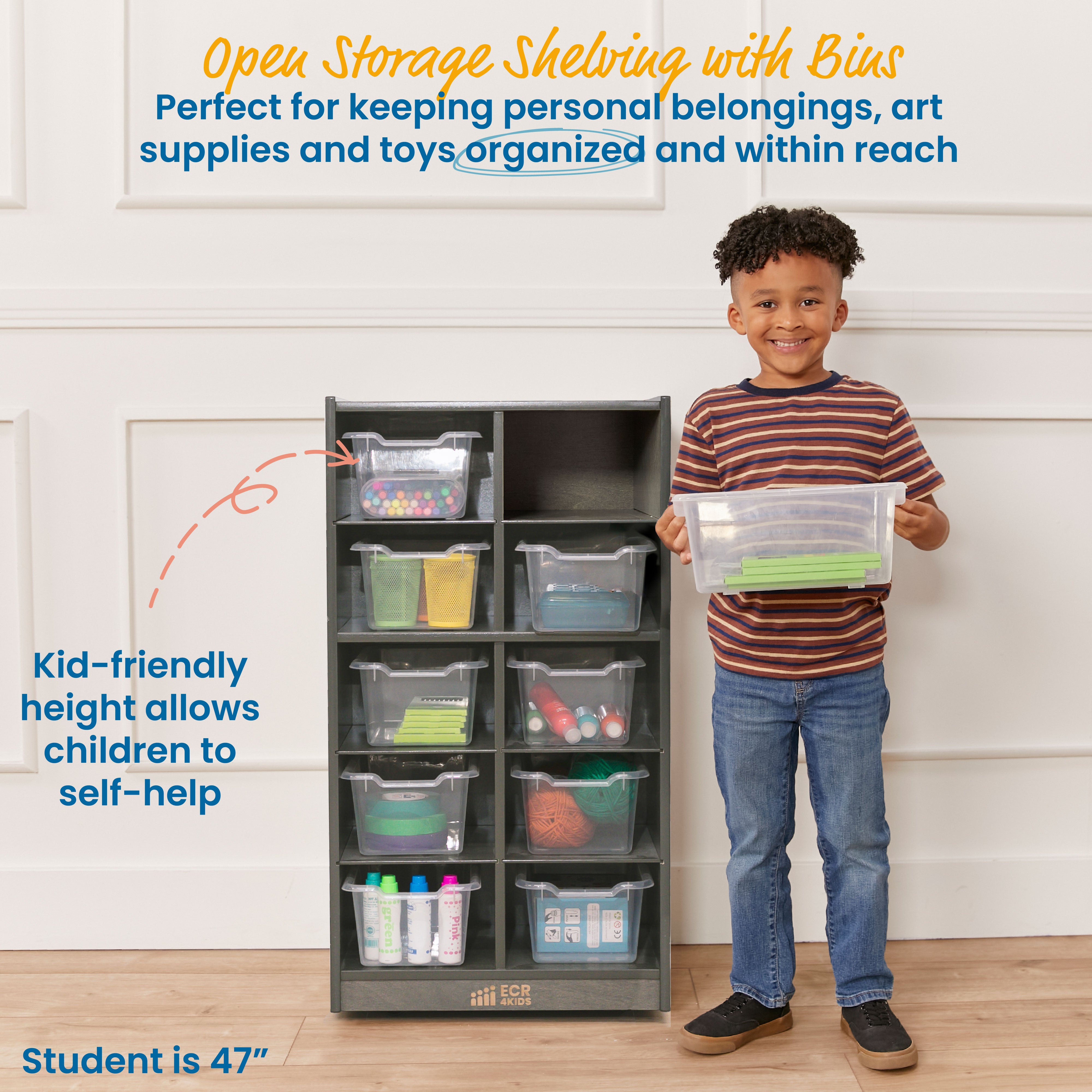 10 Cubby Mobile Tray Cabinet with 10 Scoop Front Storage Bins, 5x2, Grey Wash