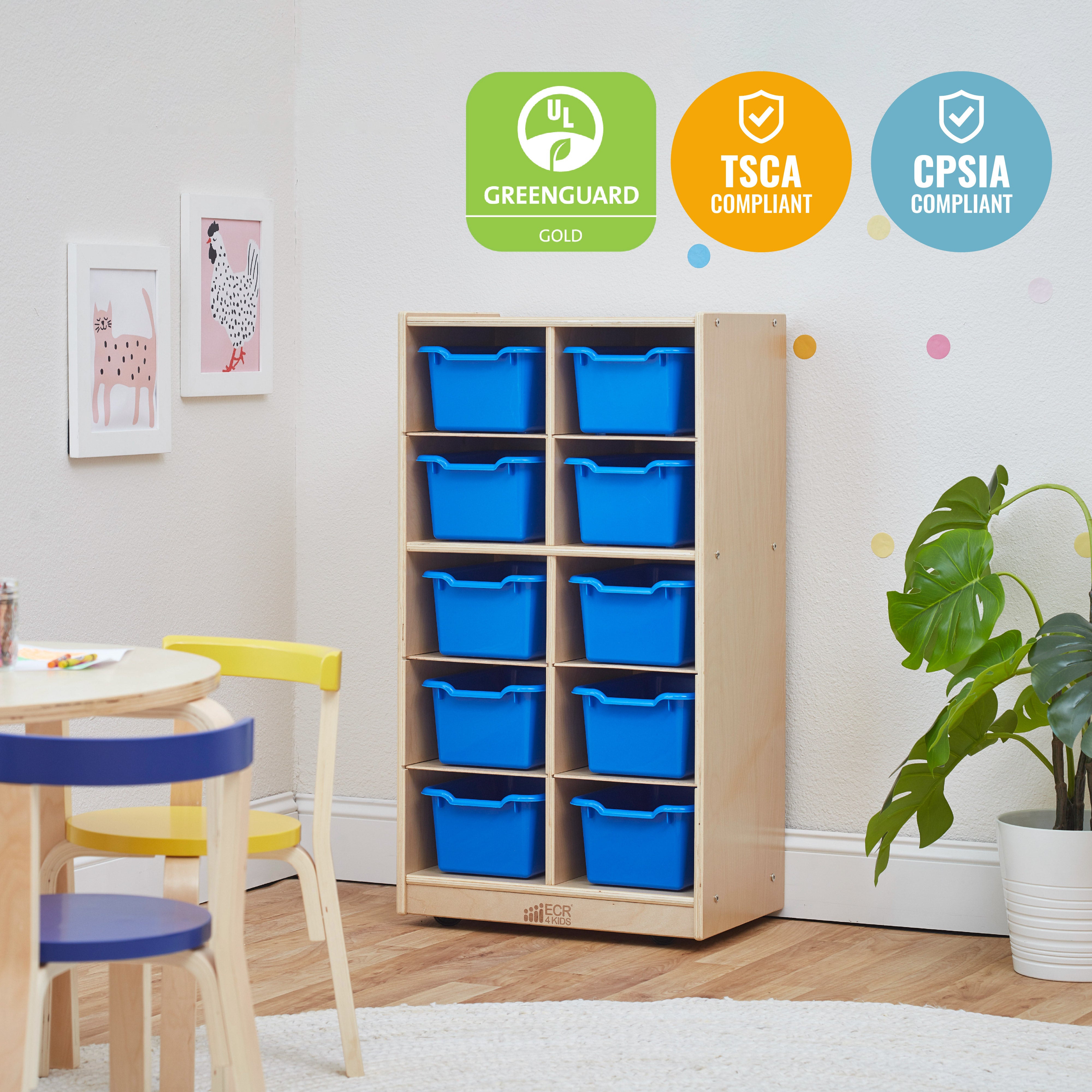 10 Cubby Mobile Tray Cabinet and 10 Scoop Front Bins, 5x2
