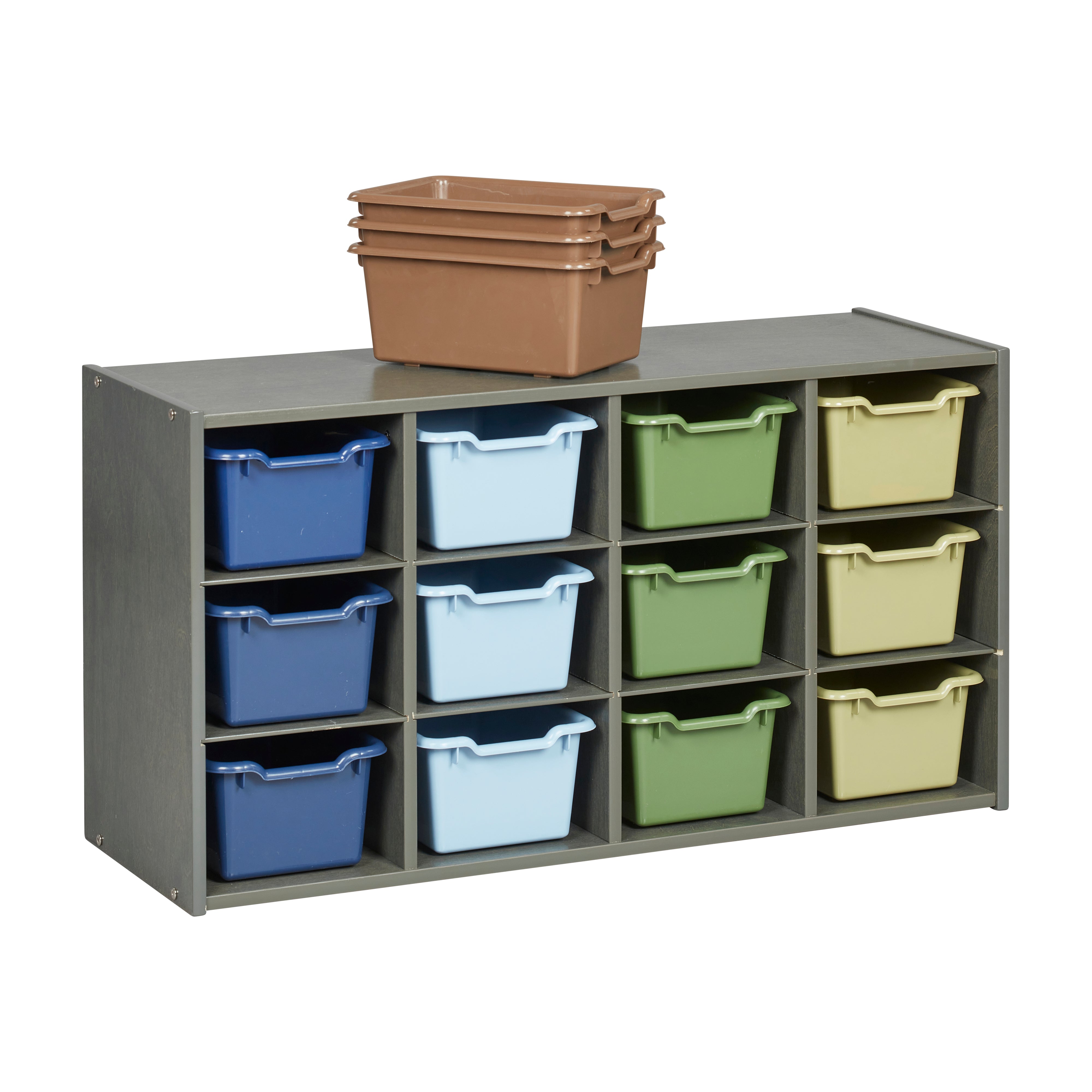 Streamline 12 Cubby Tray Cabinet with Scoop Front Storage Bins, 3x4, Grey Wash, Classroom Furniture