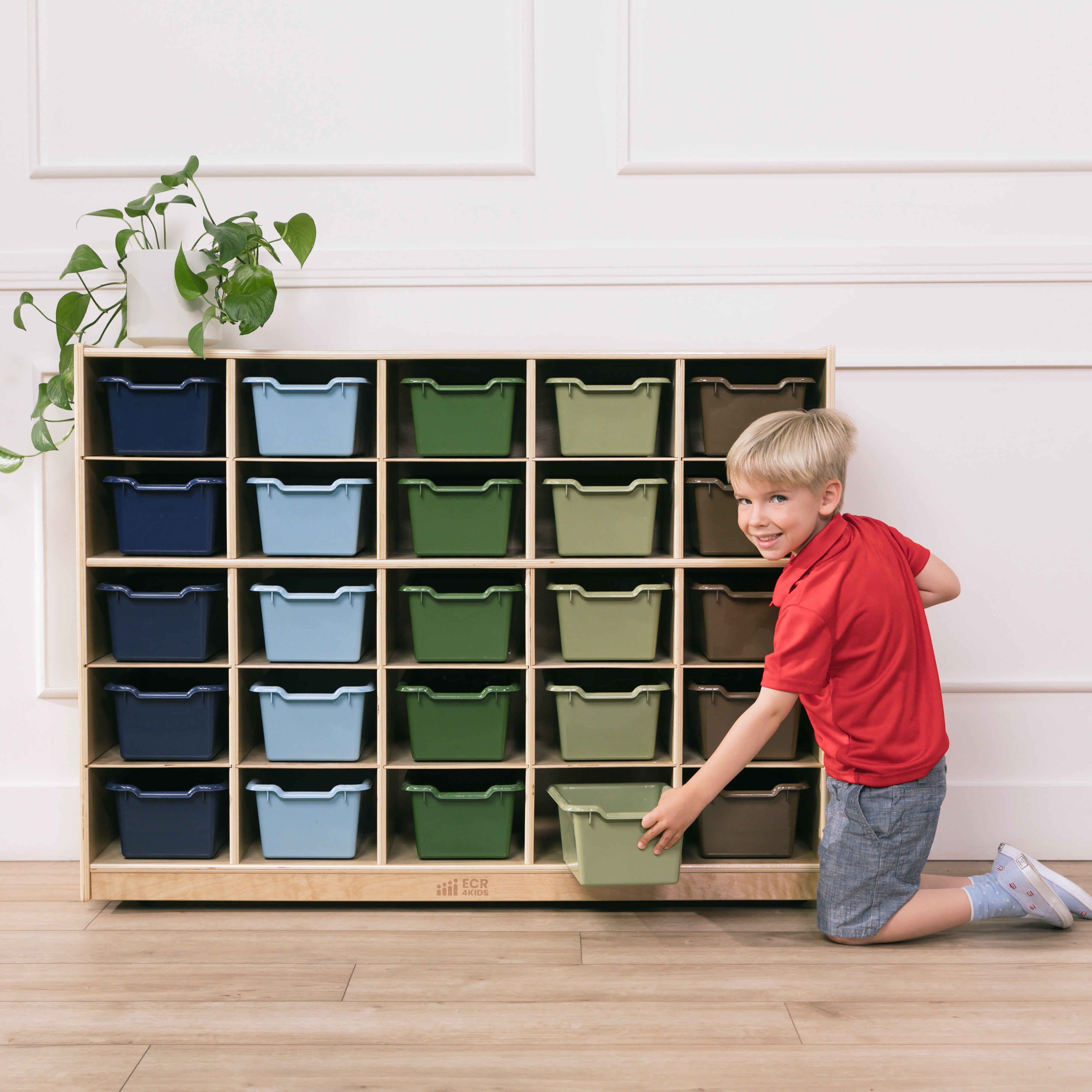 25 Cubby Mobile Tray Cabinet with Scoop Front Storage Bins, Natural