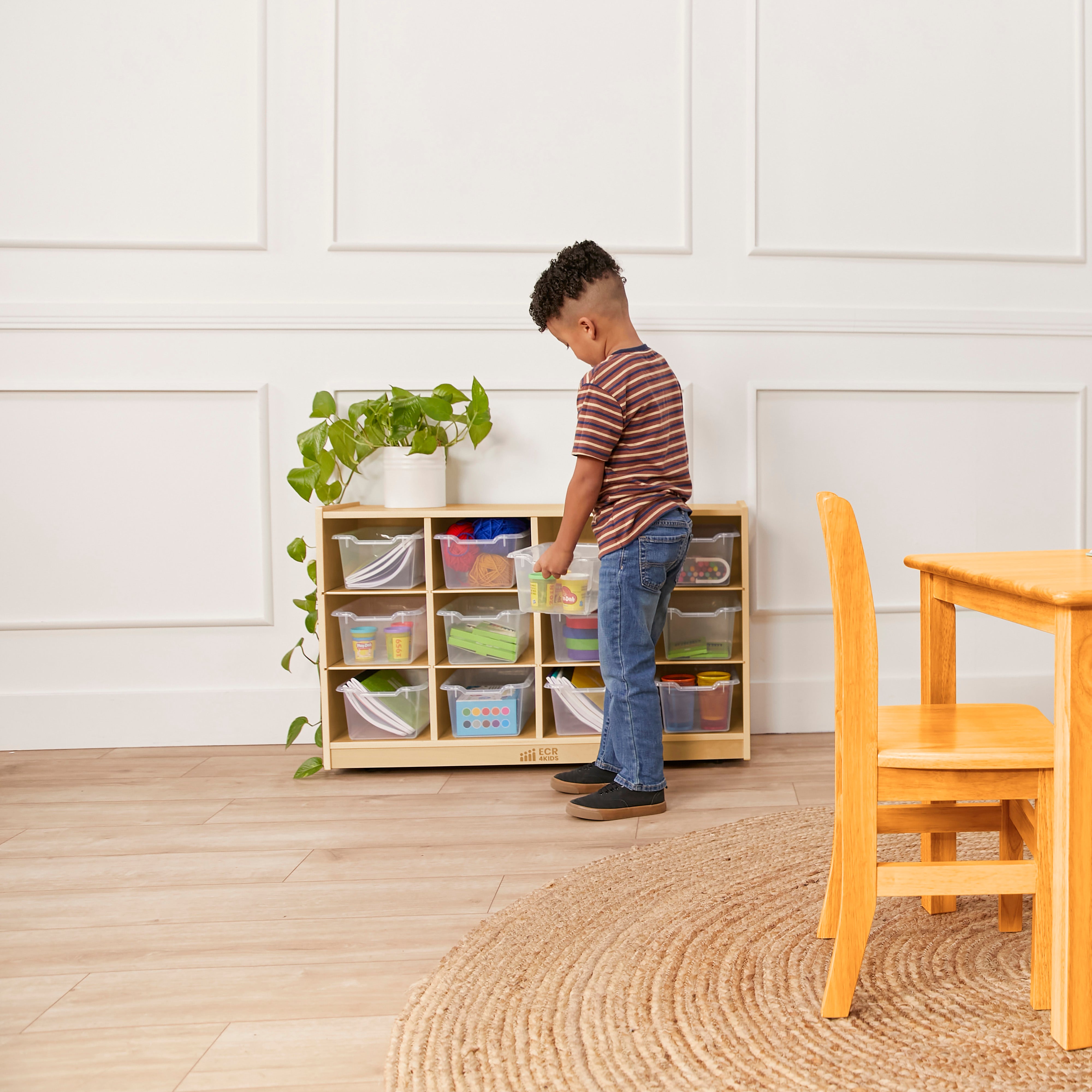 12 Cubby Mobile Tray Cabinet with 15 Scoop Front Storage Bins, 3x4, Natural