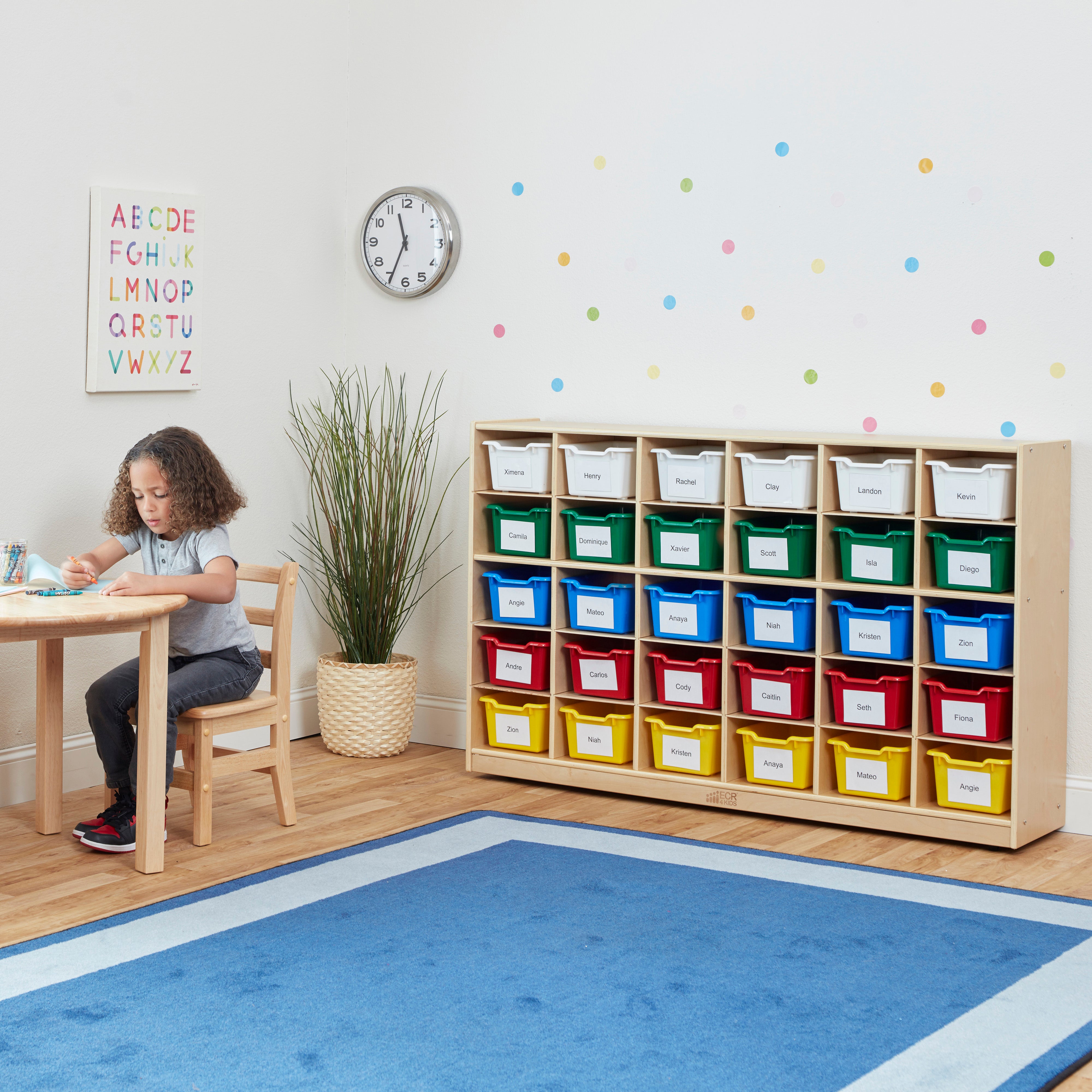 30 Cubby Mobile Tray Cabinet with 30 Scoop Front Storage Bins, 5x6, Natural