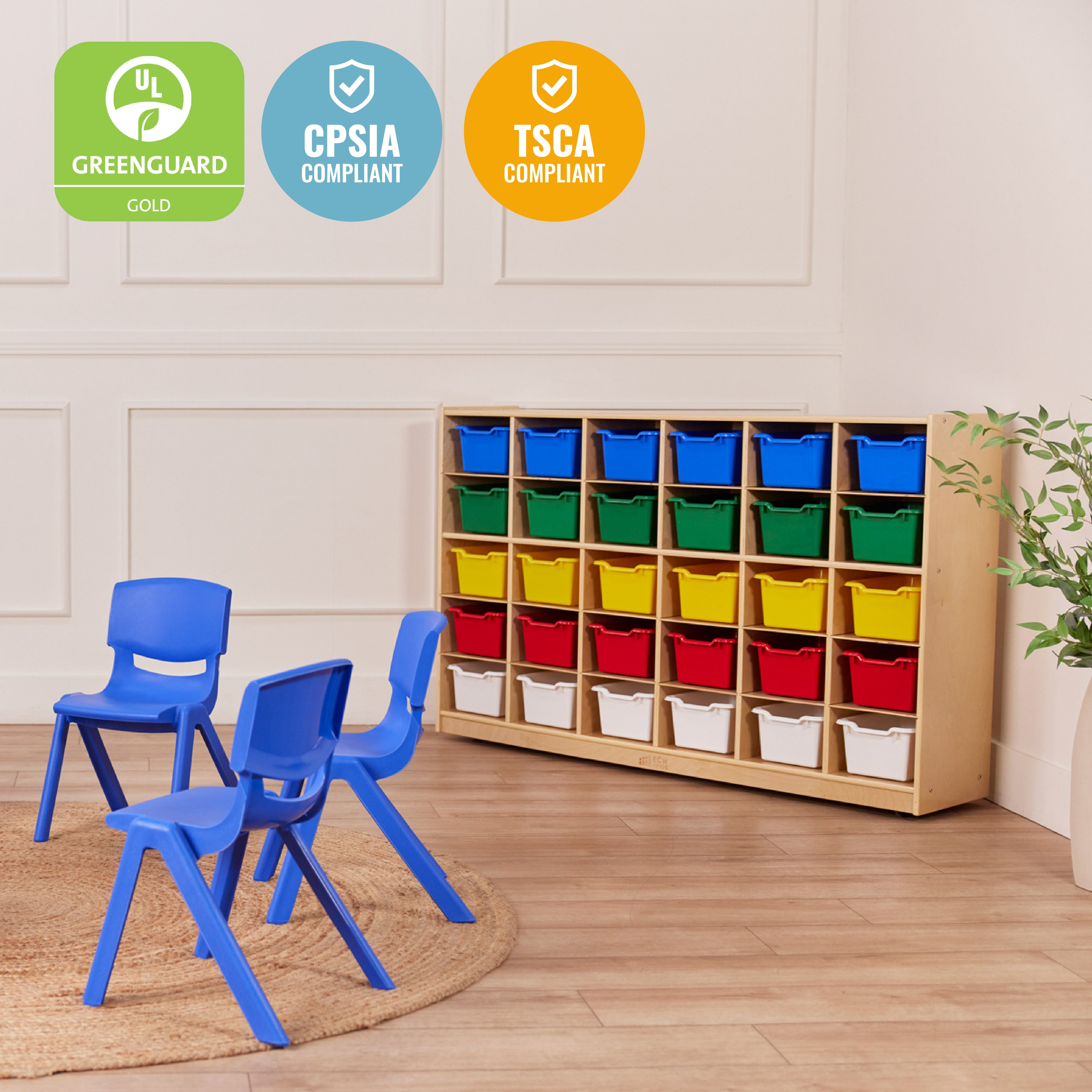 30 Cubby Mobile Tray Cabinet with 30 Scoop Front Storage Bins, 5x6, Natural