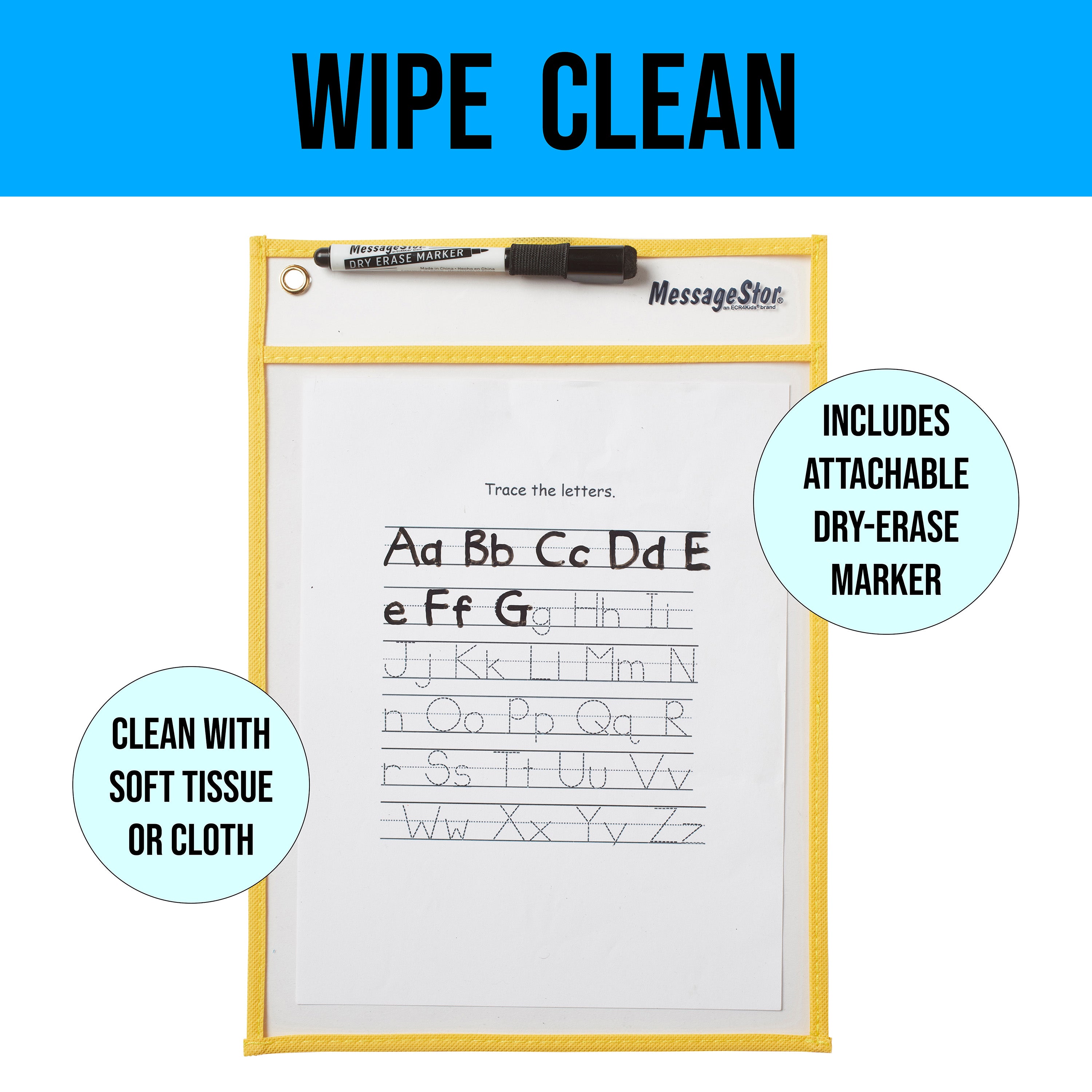 MessageStor Dry-Erase Reusable Clear Pockets with Markers, 30-Piece