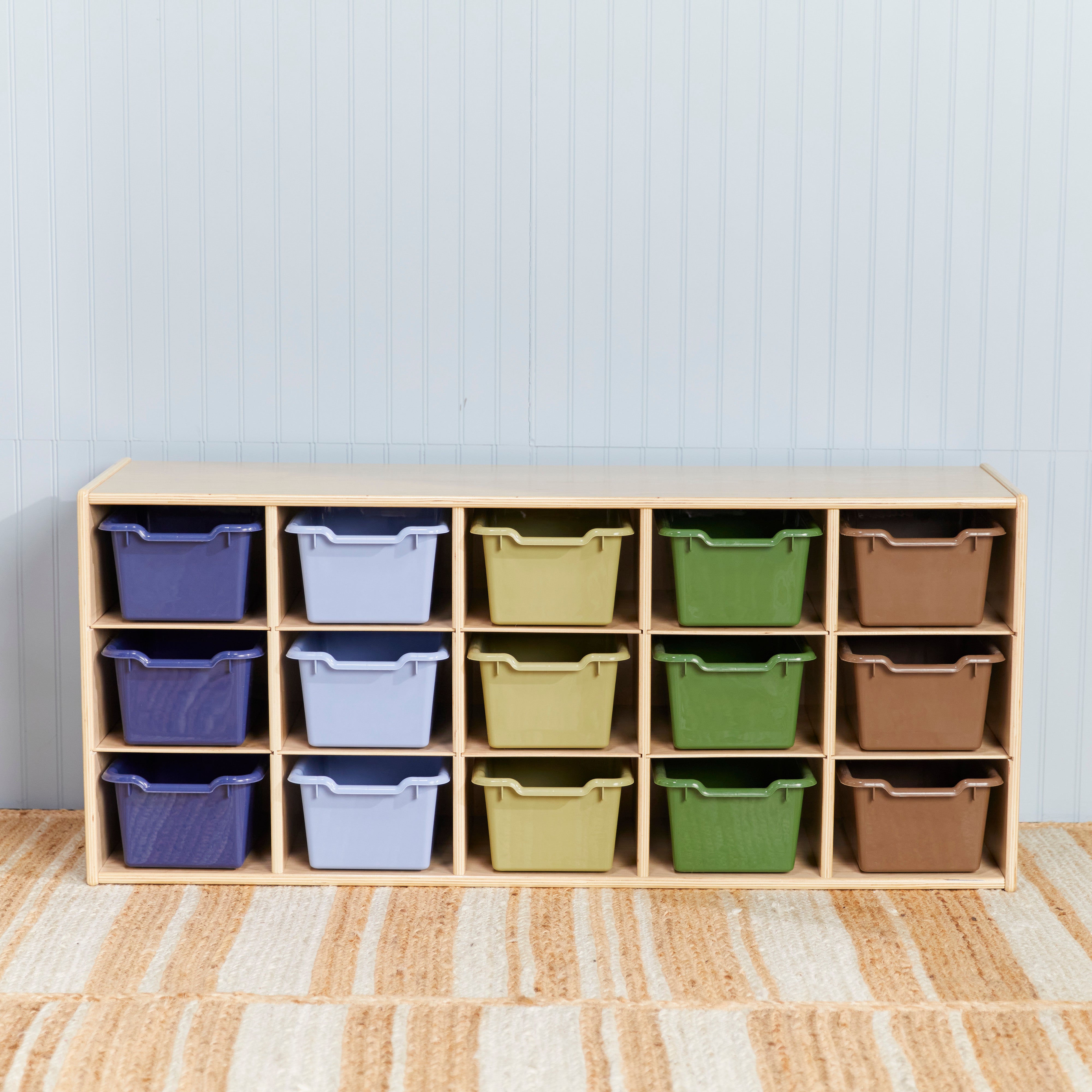 Streamline 15 Cubby Tray Cabinet with 15 Scoop Front Storage Bins, 3x5, Natural