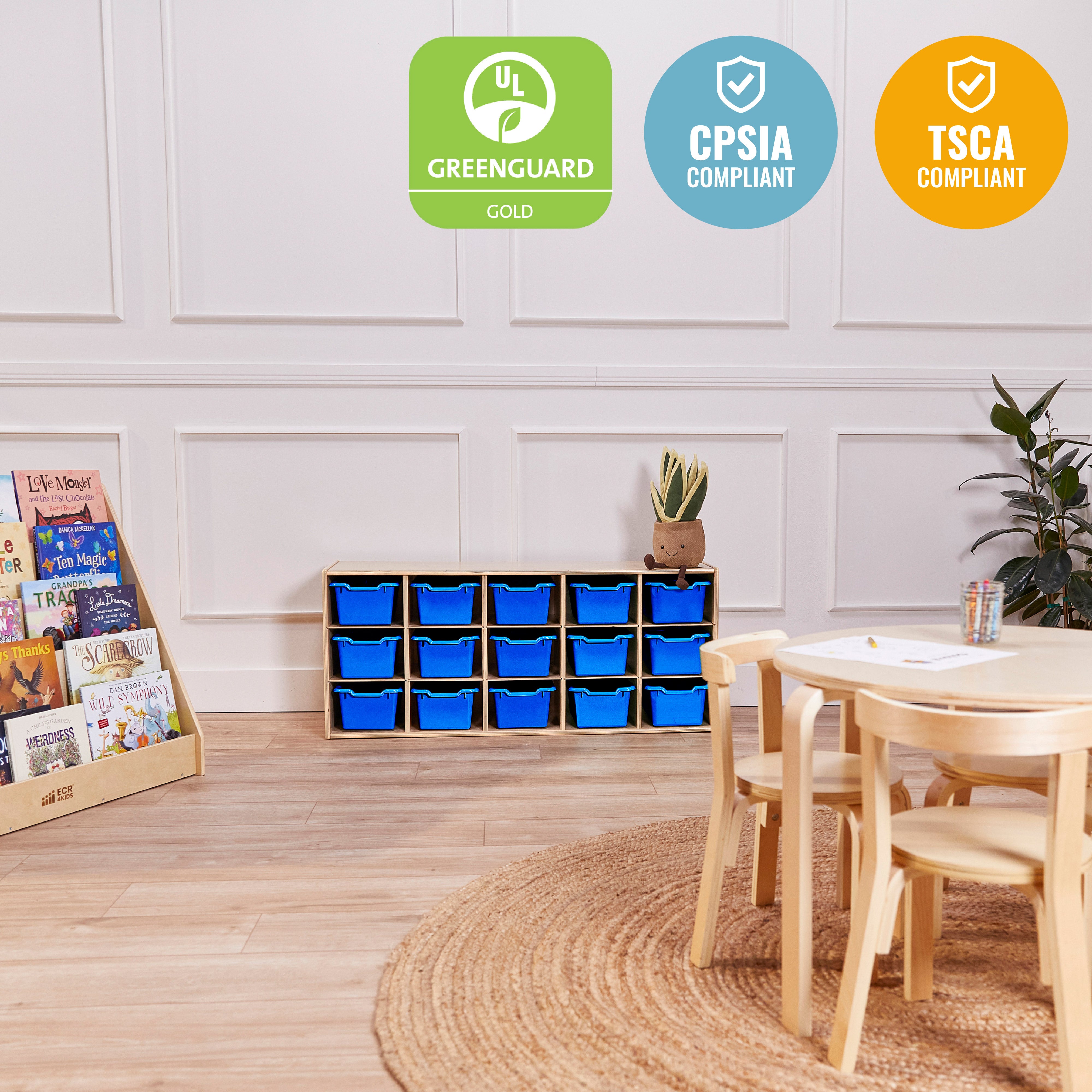 Streamline 15 Cubby Tray Cabinet with 15 Scoop Front Storage Bins, 3x5, Natural