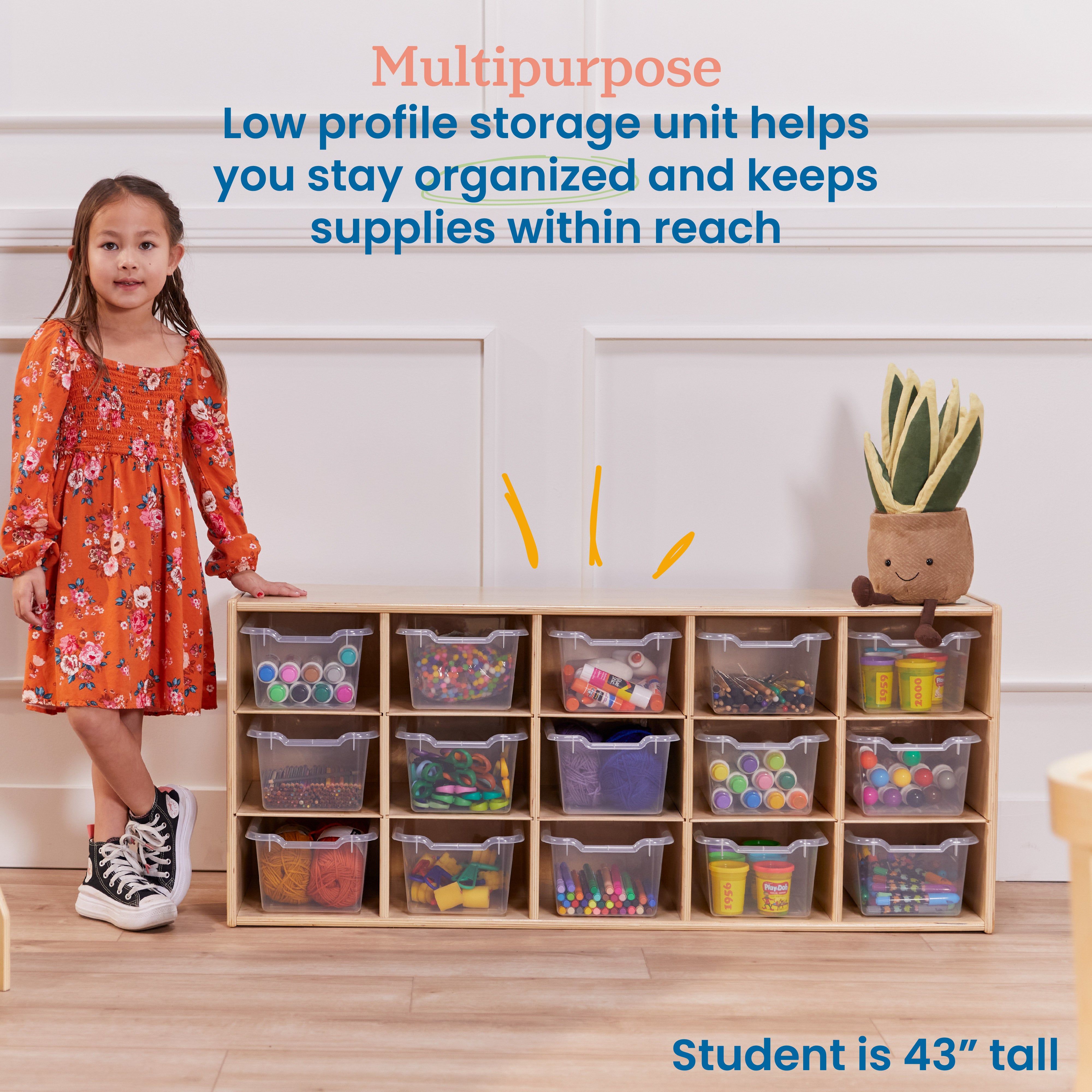 Streamline 15 Cubby Tray Cabinet with 15 Scoop Front Storage Bins, 3x5, Natural