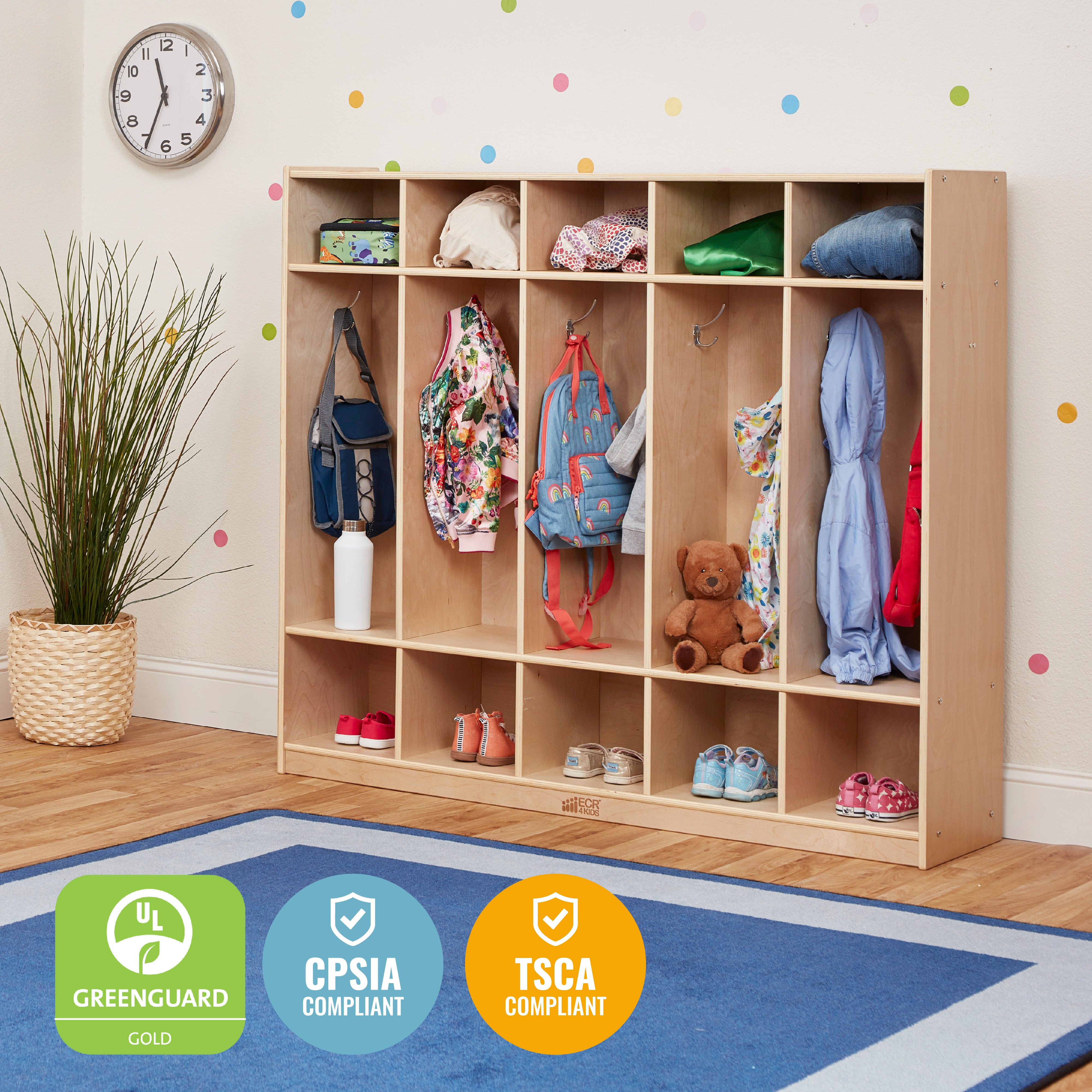 5-Section Coat Locker and Scoop Front Storage Bins, Natural