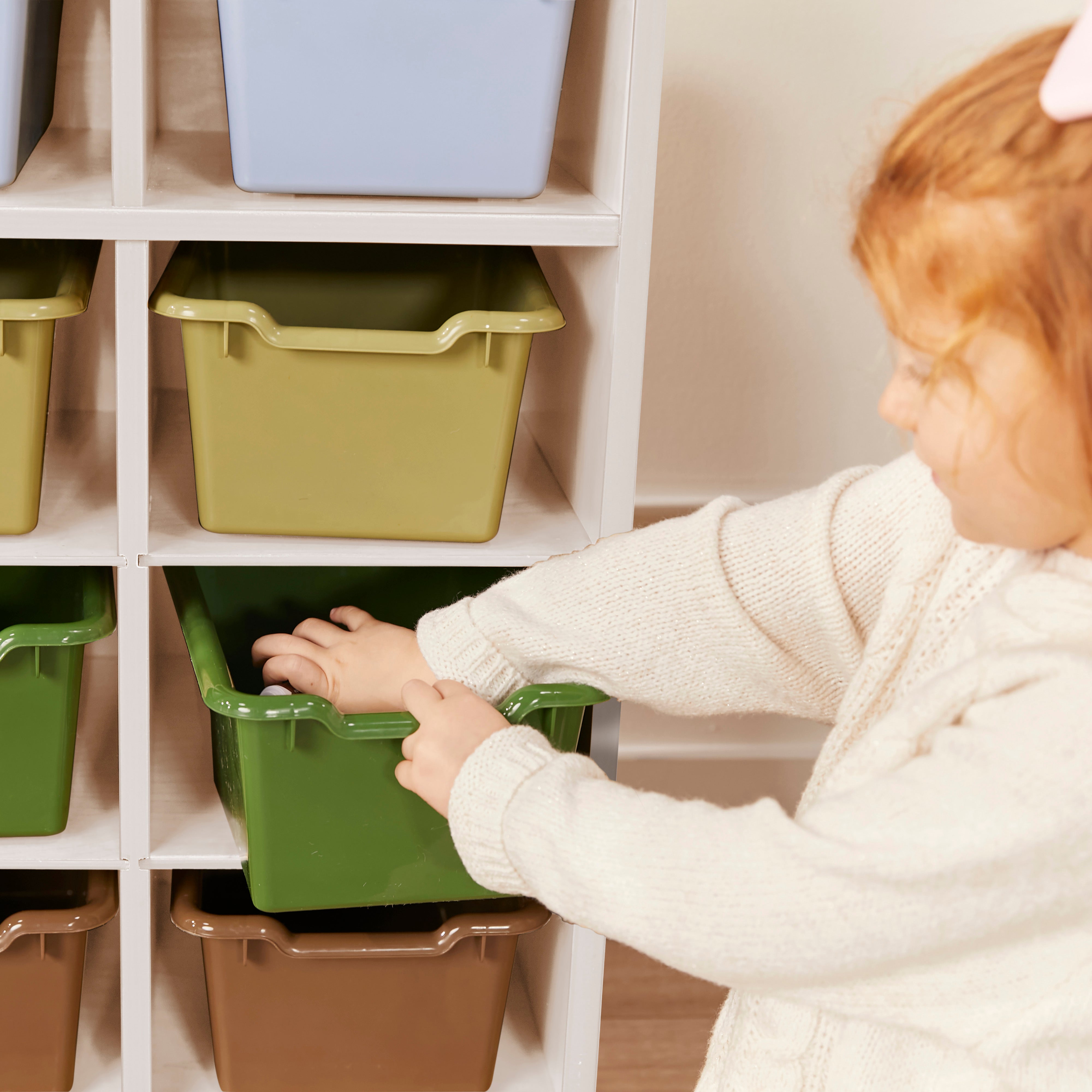 10 Cubby Mobile Tray Cabinet with 10 Scoop Front Storage Bins, 5x2, White Wash
